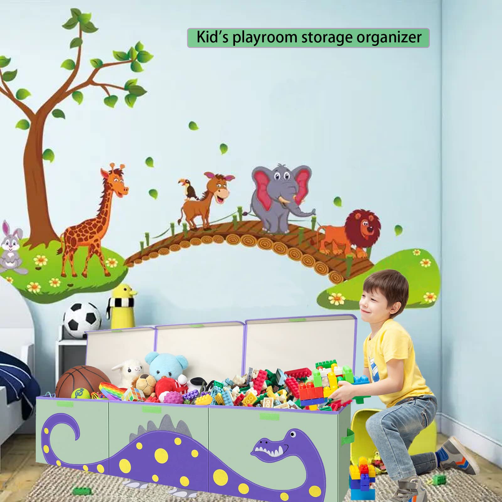 Dinosaur Toy Storage Box with Lid - Large Kids Toy Organizer for Boys & Girls, Cute Toddler Toy Chest, Nursery Room Decor & Clutter Control Basket (Purple) | Perfect for Playroom, Bedroom & Daycare Organization