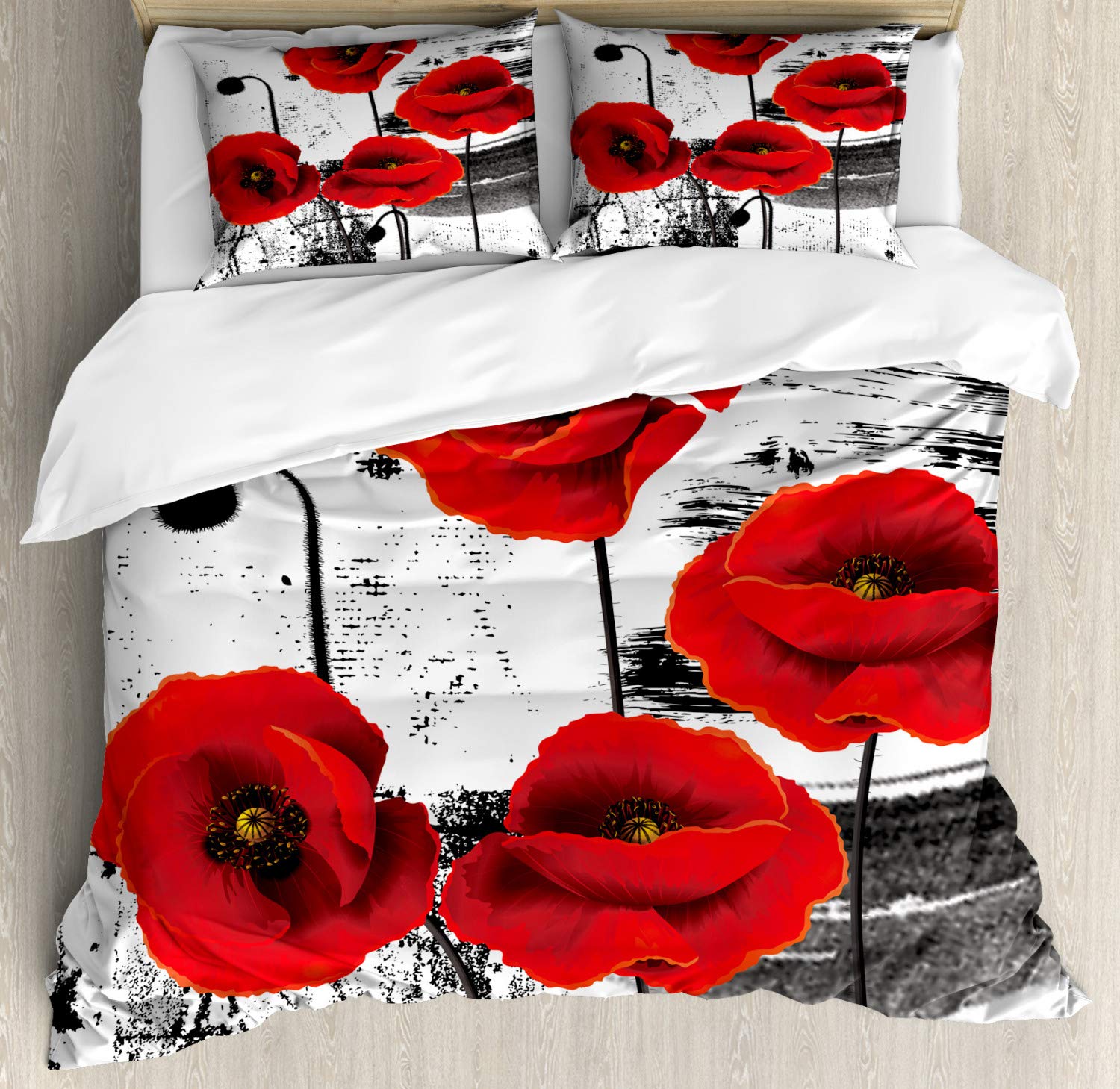 Ambesonne Poppy Flower Duvet Cover Set - 3 Piece California King Bedding with 2 Pillow Shams, Blossom Composition & Grunge Brush Design in Vermilion Grey - Perfect for Bohemian & Farmhouse Bedroom Decor