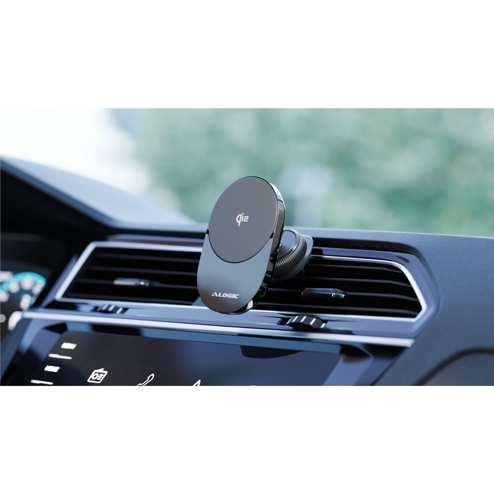 Alogic Clip Qi2 Fast Wireless Car Charger - 15W Magnetic Phone Mount for iPhone 15/14/13, Samsung Galaxy - Perfect for Commuting & Road Trips
