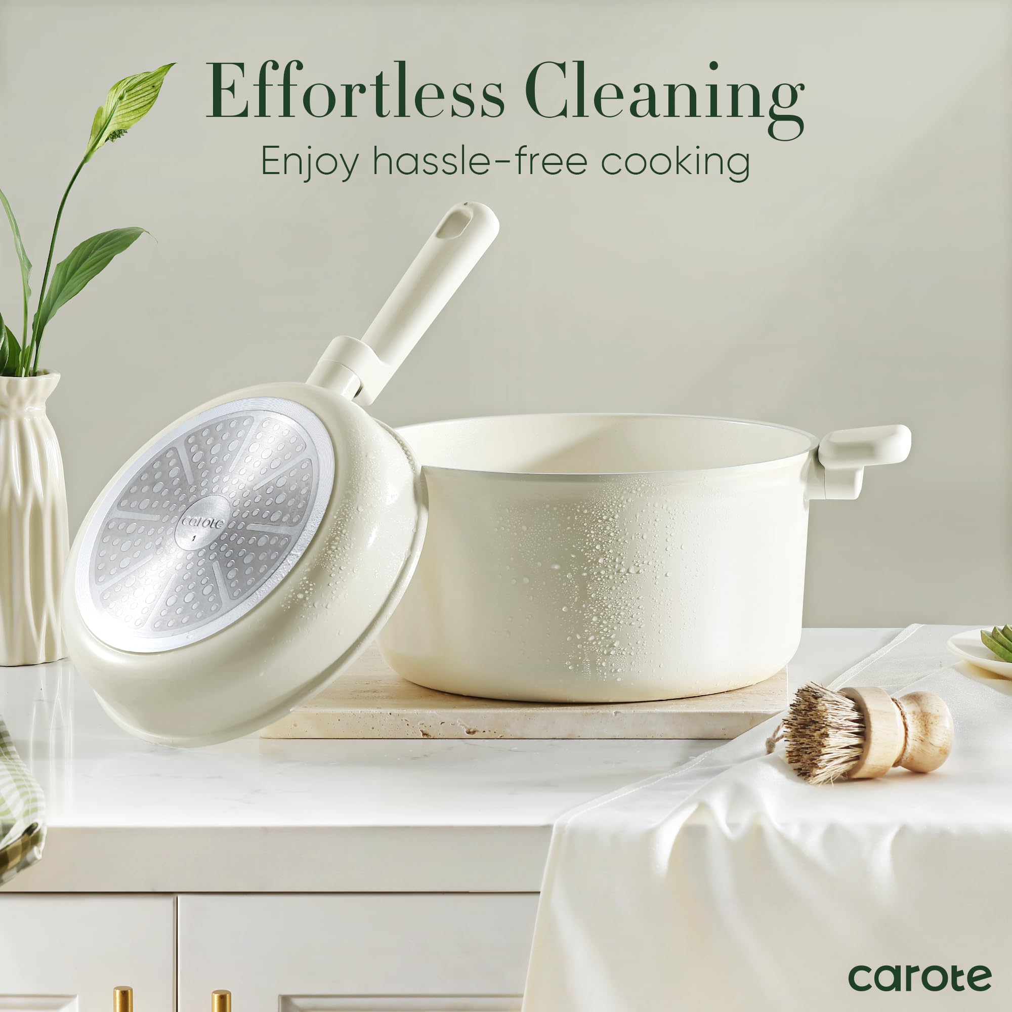 CAROTE 18-Piece Nonstick Ceramic Cookware Set - PFAS/PFOA Free, Non-Toxic Pots and Pans Set with Large Capacity - Perfect for Healthy Cooking, Baking & Family Meals | Cream White Kitchen Essentials