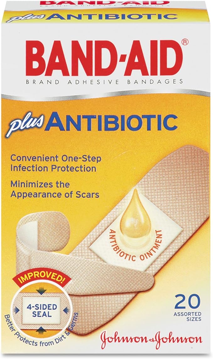 BAND AID Brand Antibiotic Adhesive Bandages - 20 Count Box | First Aid for Cuts, Scrapes & Wounds | Home, Office & Travel First Aid Kit Essential