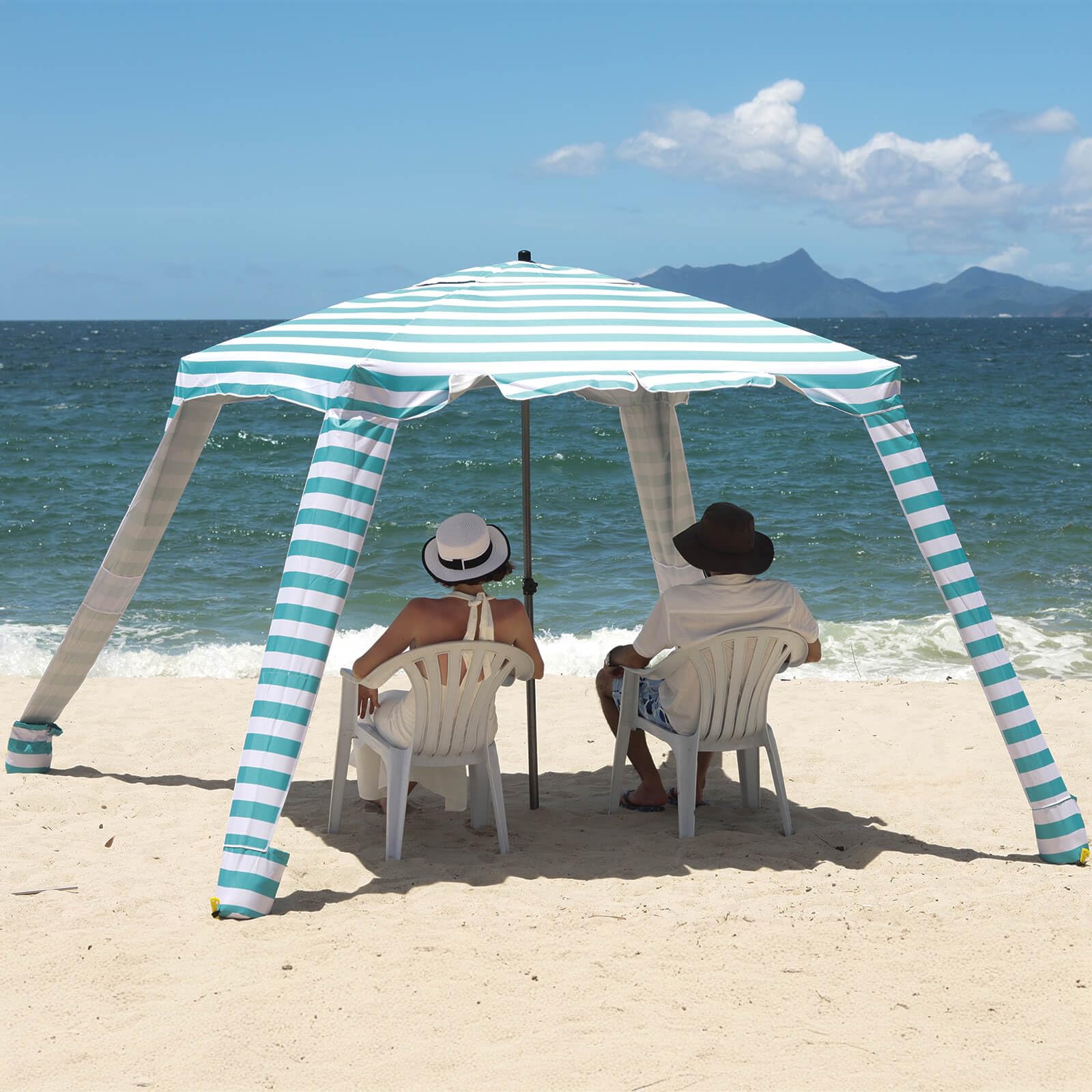 UPF 100+ UV Protection Beach Tent - 6' x 6' Portable Canopy with Attachable Walls, Waterproof & Easy Setup Sun Shelter for Family, Friends - Perfect for Beach Trips, Picnics & Outdoor Events (Aqua Stripe)
