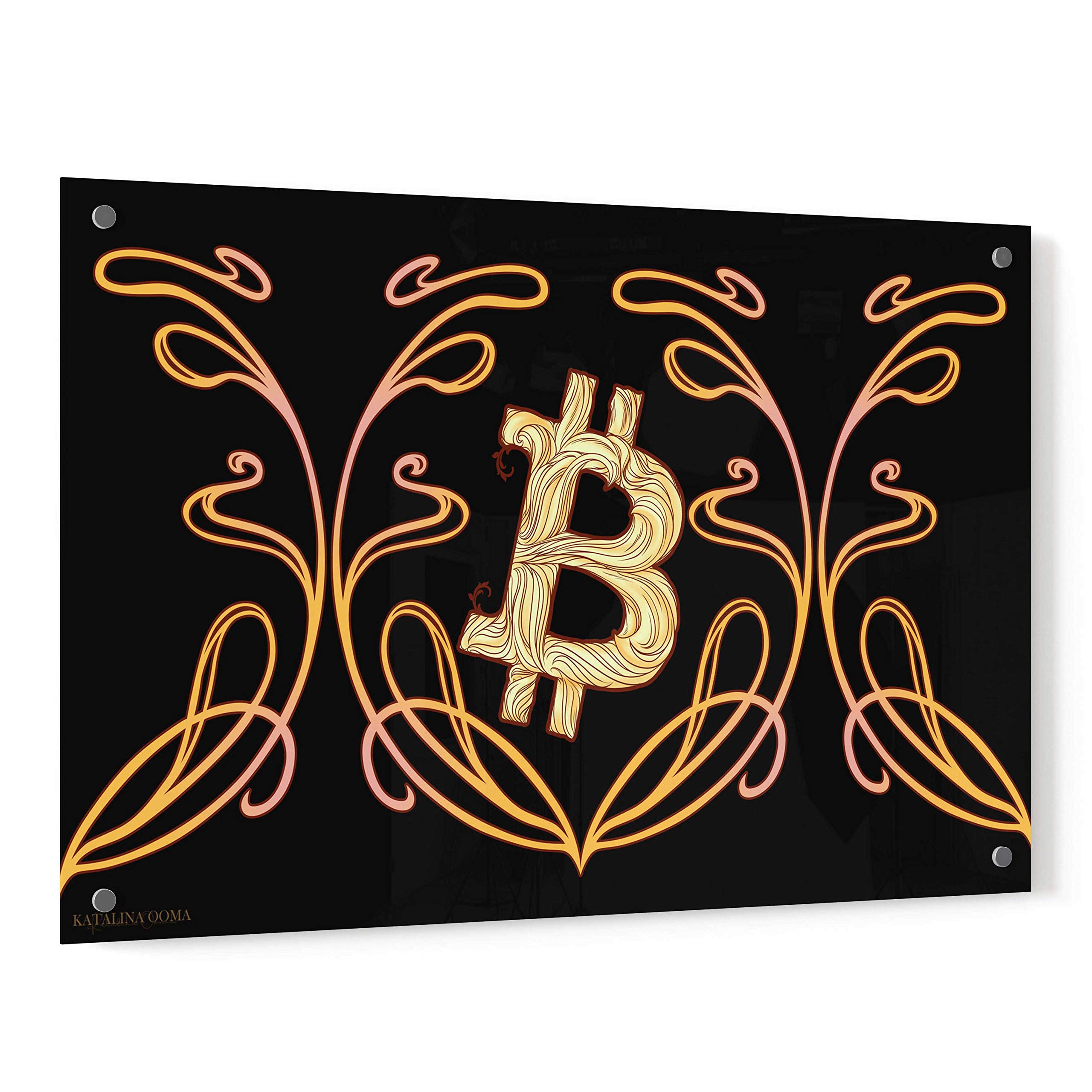 Epic Art Nouveau Bitcoin Gold Acrylic Glass Wall Art by Katalina - 36x24 Inches Modern Home Decor for Living Room, Office & Crypto Enthusiast Spaces