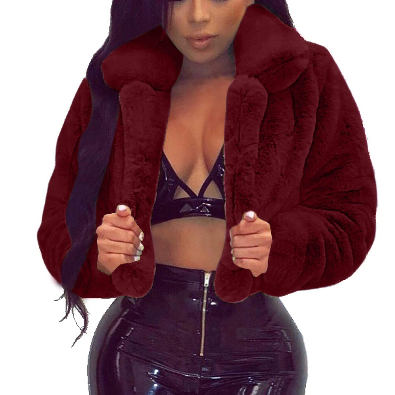 Women's Short Faux Fur Coat with Fluffy Fleece & Turn-Down Collar - Cozy Winter Jacket for Casual Outings & Holiday Parties
