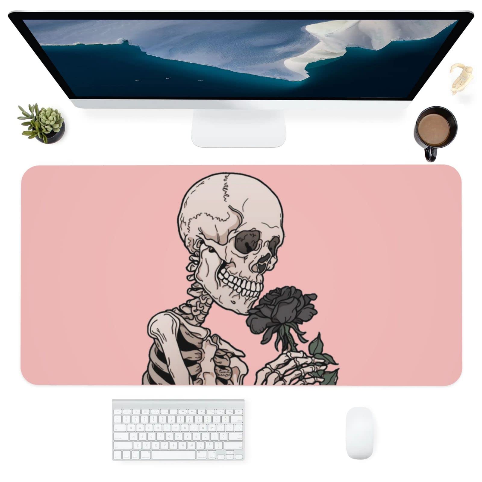 Premium PU Leather Gaming Mouse Pad with Skull & Flower Design - Non-Slip Rubber Base, Waterproof, Stitched Edges (31.5×15.7 Inch) - Perfect for PC Gaming, Office Work & Home Computer Setup