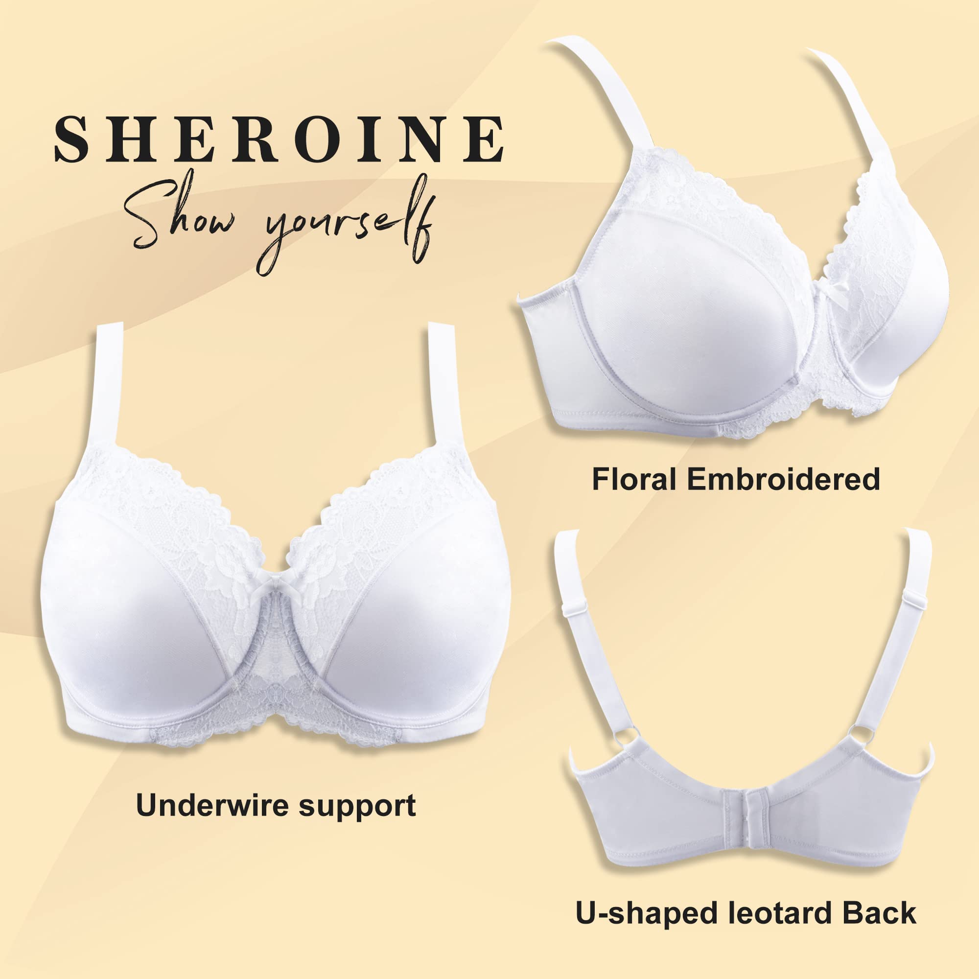 Sheroine Underwire Lace Floral Women's Unlined Bra - Minimizer Full Coverage Non-Padded Everyday Bras for Comfort & Support | Perfect for Work, Yoga & Daily Wear