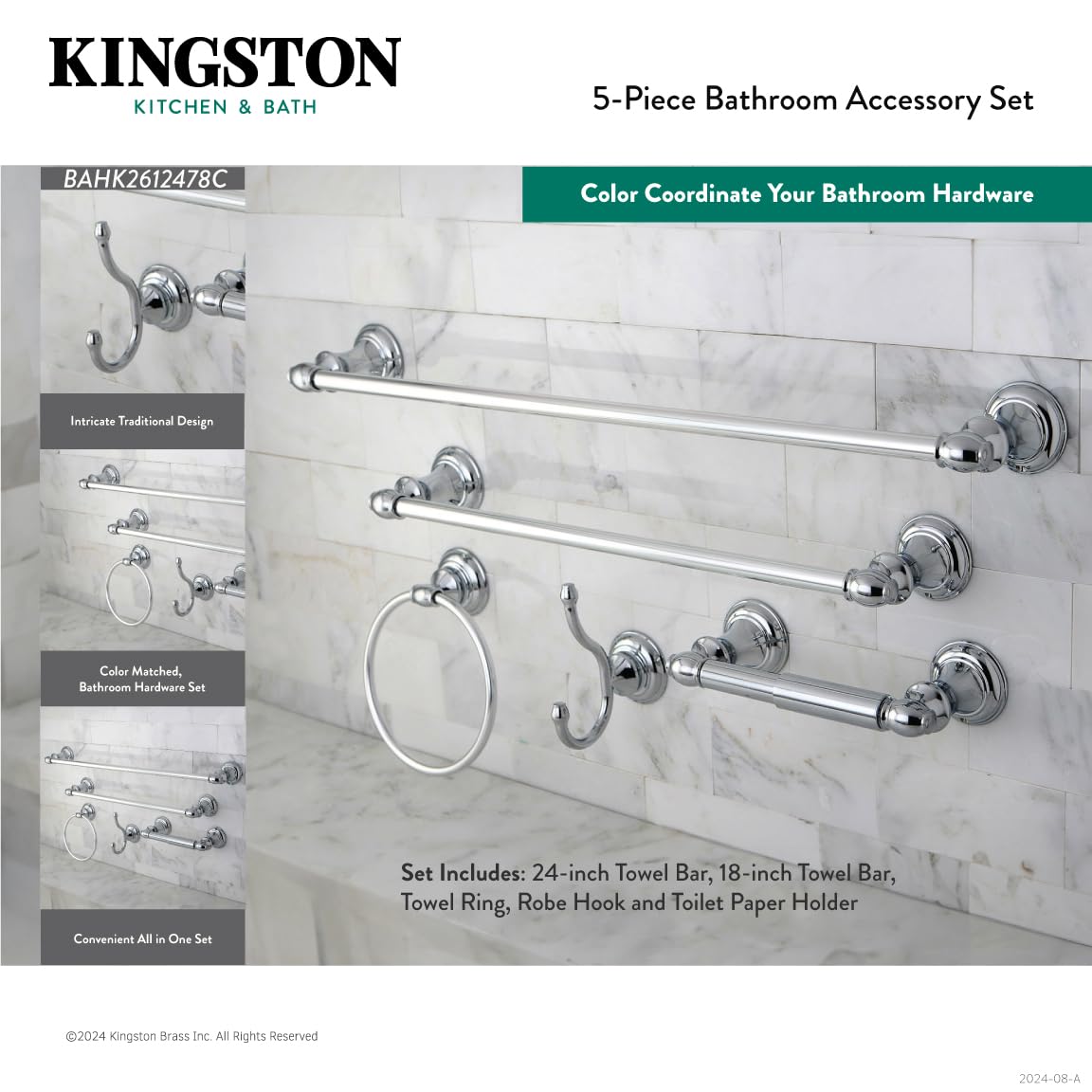 Kingston Brass BAHK2612478ORB Provence 24-Inch Oil Rubbed Bronze Bathroom Hardware Set - Towel Bar, Robe Hook & Toilet Paper Holder for Modern Bathroom Decor