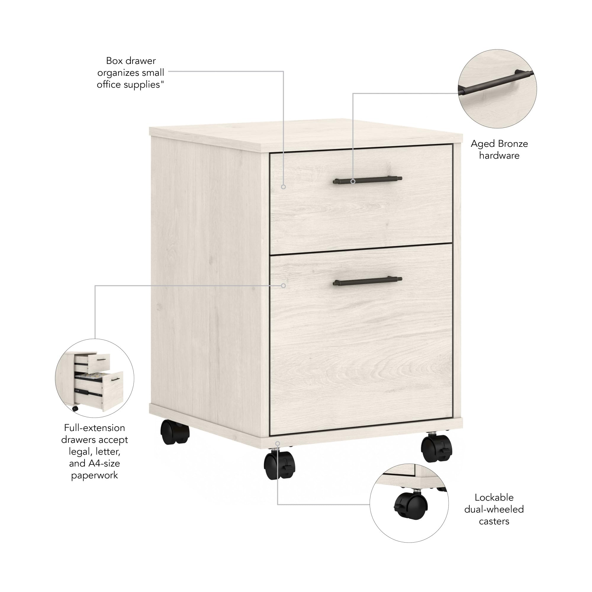 Bush Furniture Key West 2-Drawer Rolling File Cabinet - Linen White Oak Mobile Storage Cabinet for Home Office, Small Under Desk Organization with Wheels | Perfect for Document Storage & Workspace Organization