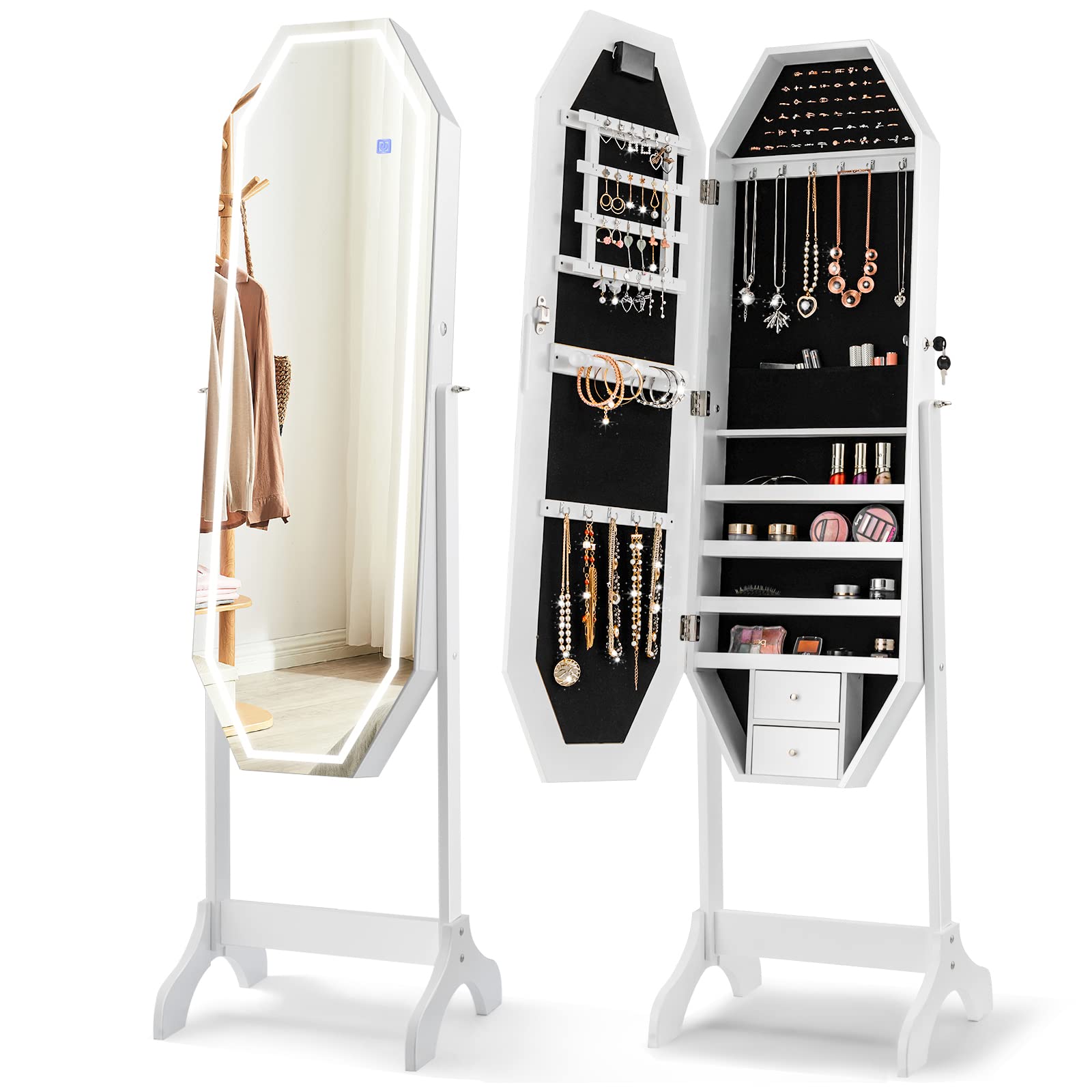 CHARMAID Jewelry Armoire with Full-Length LED Mirror - Lockable Touch Screen Jewelry Cabinet with 2 Drawers, Velvet Lining & Storage Organizer for Necklaces, Rings, Earrings - Perfect for Bedroom, Dressing Room & Vanity (White)