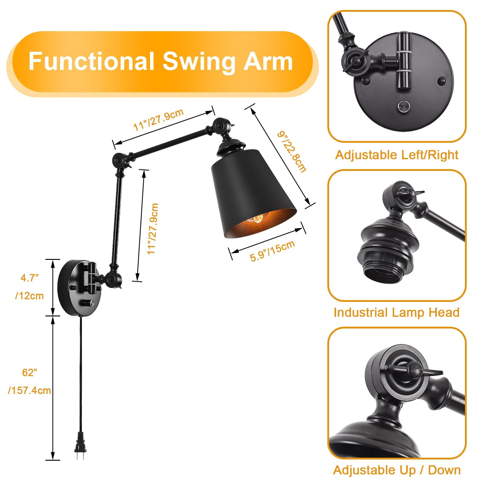 HOXIYA Dimmable Swing Arm Plug-in Wall Lamps Set of 2 - Matte Black Industrial Reading Lights with Dimmer Switch Cord - Perfect for Bedroom, Living Room & Home Office Lighting