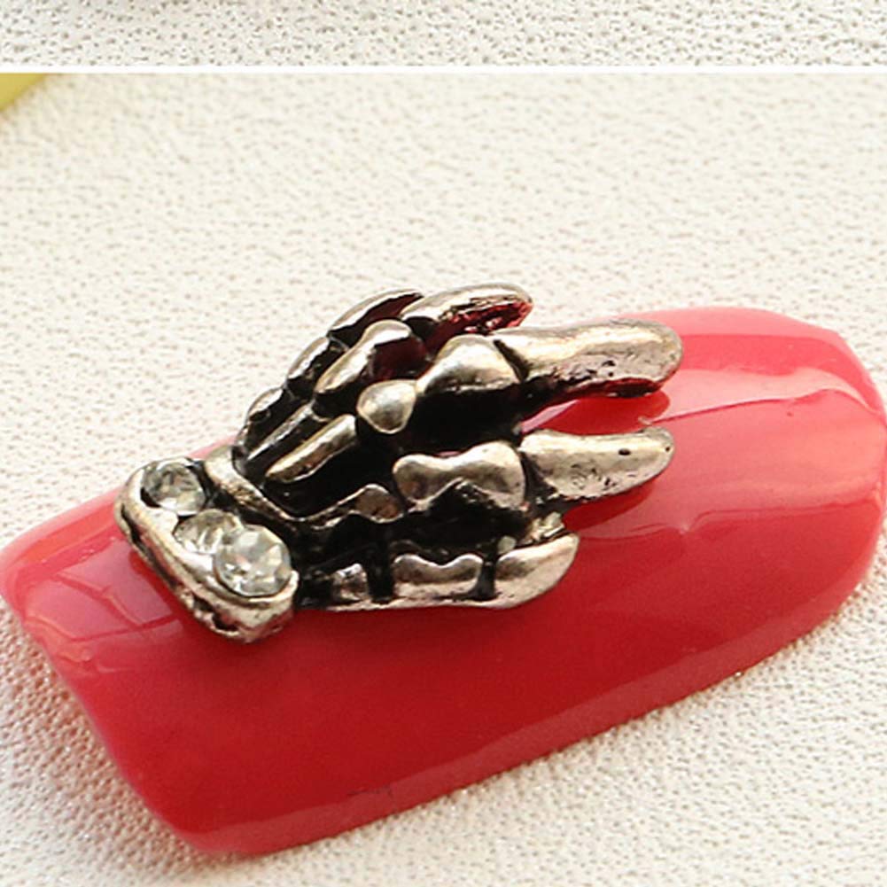 Lookathot 10PCS 3D Skull Hand Diamond Drill Pearls Nail Art Decals - Metallic Stud Rhinestones Alloy Manicure DIY Decoration Tools for Halloween, Parties & Gothic Nail Designs (Gold, 10pcs/Set)