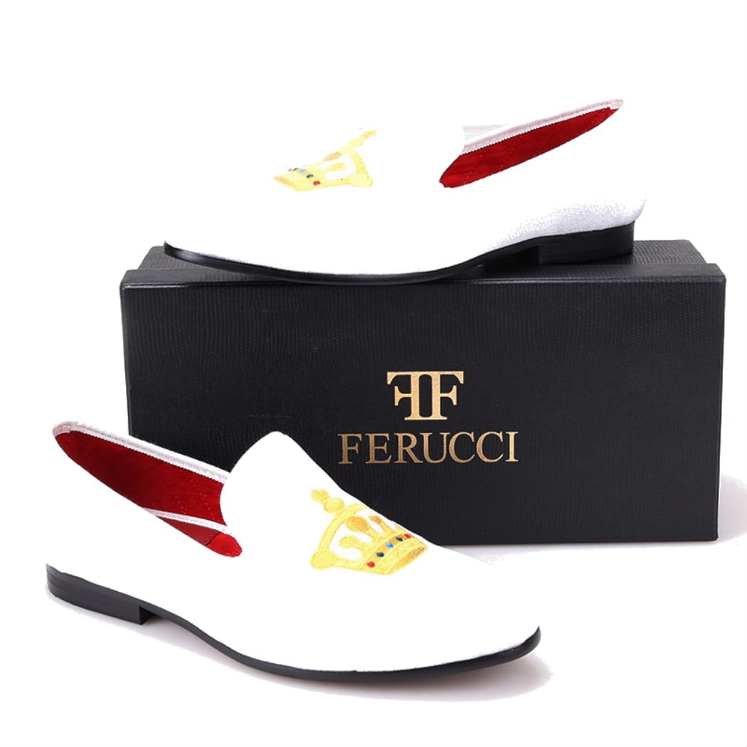 FERUCCI Men's White Velvet Custom Loafers with Gold Crown Emblem - Luxurious House Slippers for Indoor Comfort & Elegant Lounging