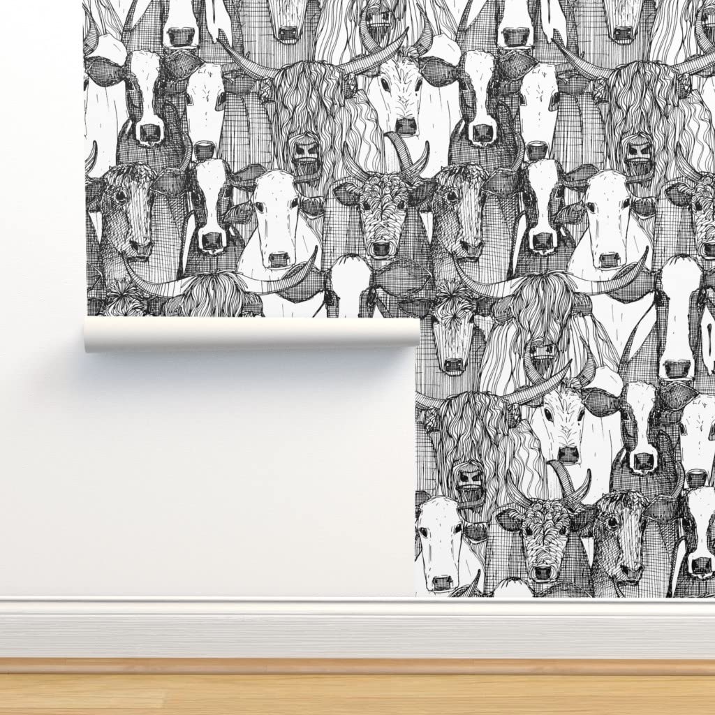 Cattle Black White Large Animal Peel & Stick Wallpaper Swatch - Custom Removable Cow & Bull Illustration Wallpaper by Spoonflower | Perfect for Farmhouse, Nursery & Modern Home Decor