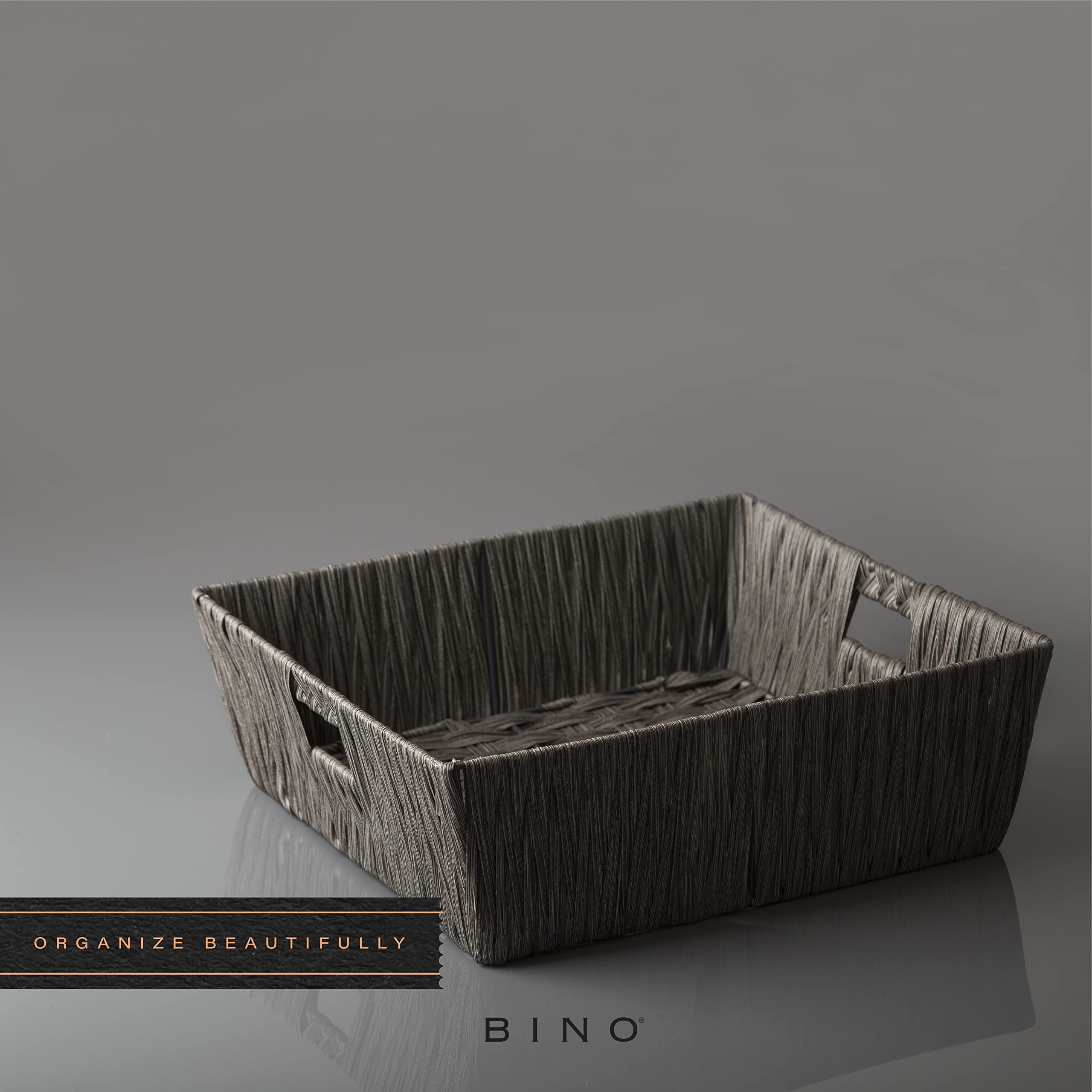 BINO 2 Pack Woven Resin Basket Organizer - Large Storage Bins with Built-in Handles for Shelves, Closet, Bathroom & Home Organization - Dark Grey