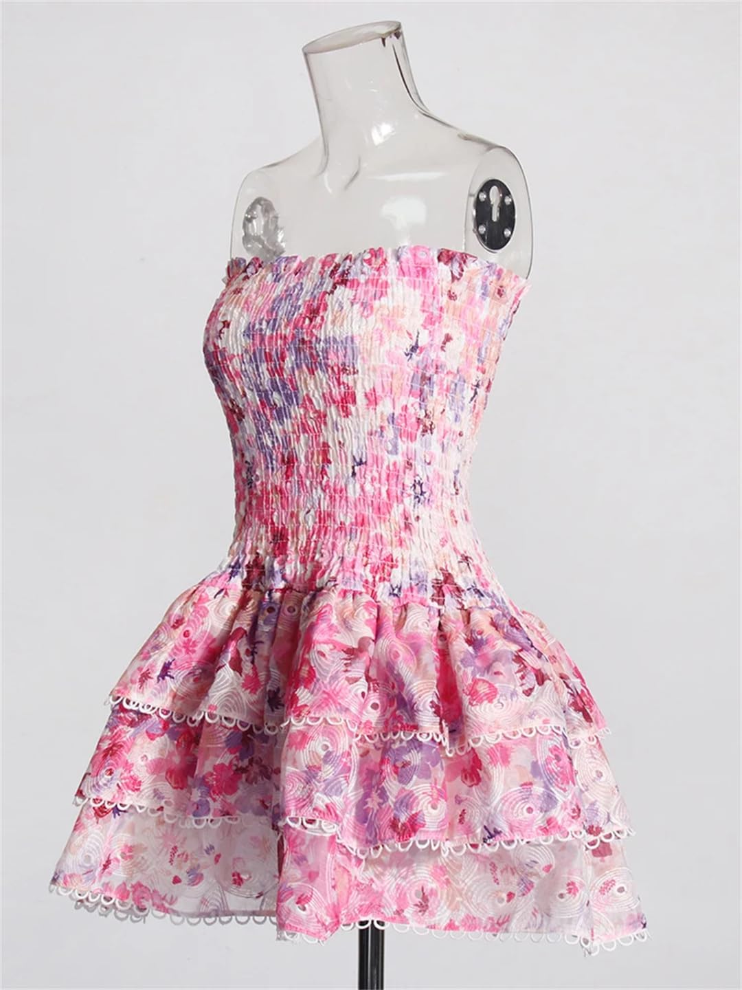 Women's Color Block Print Strapless Sleeveless High Waist Pleated Slim Fit Dress - Summer Beach Party, Cocktail Evening & Wedding Guest Outfit