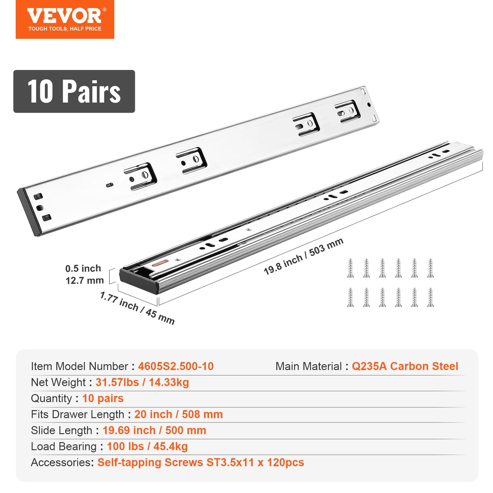 VEVOR 20 Inch Soft-Close Drawer Slides - 10 Pairs Heavy Duty Side Mount Rails, Full Extension Steel Ball Bearing Tracks for Kitchen Cabinets, Noiseless Glides with 100 Lbs Load Capacity - Perfect for Kitchen Remodeling, Office Furniture & Storage Organization