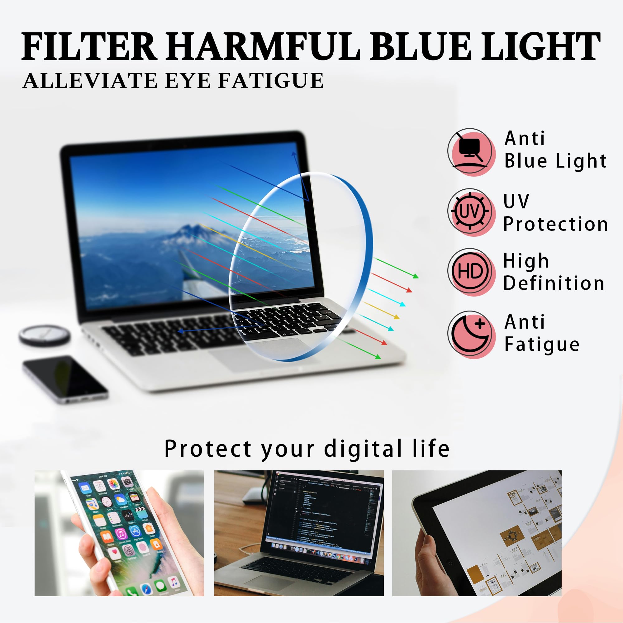 Blue Light Blocking Glasses for Women & Men - Anti Glare UV Protection Computer Gaming Glasses with Oversized Frame (RF6215) - Reduce Eye Strain for Work, Gaming & Screen Time
