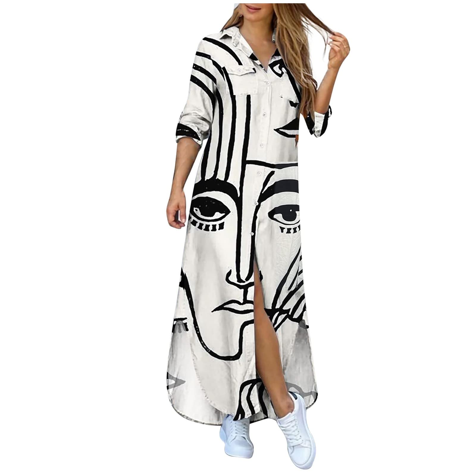 MOBCTG Women's Plus Size Long Sleeve Button Print Shirt Dress - Floral Summer Casual Dress for Women S-3XL - Perfect for Office, Date Night & Spring Outfits