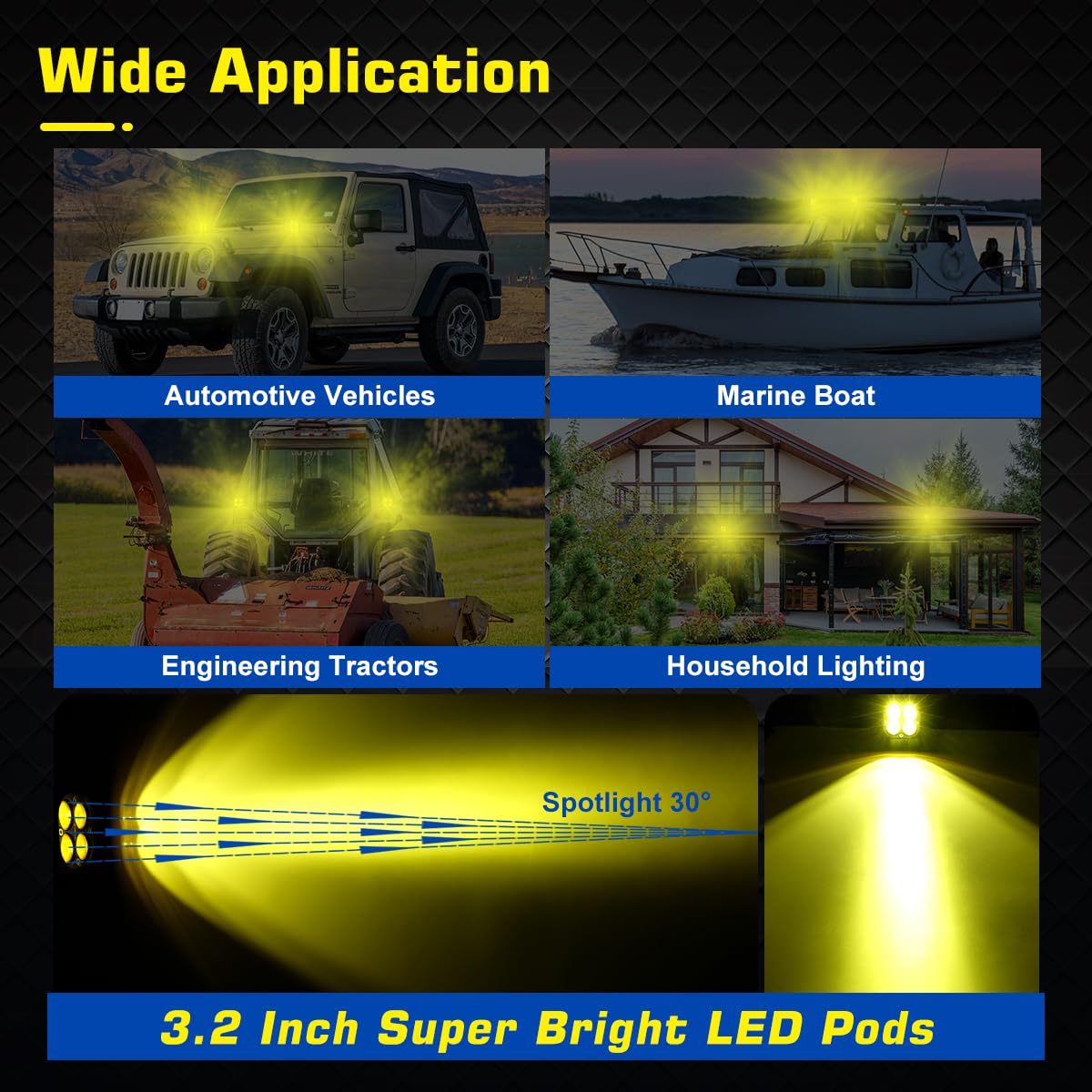 2Pcs 3.2 Inch Amber LED Cube Pods - Spot Yellow Ditch Lights for Off-Road Driving, Fog Lights for 4x4 Trucks, SUV, UTV, ATV, Tractor & Marine Boats (12V/24V) - Perfect for Night Off-Roading, Work Lighting & Emergency Vehicle Use