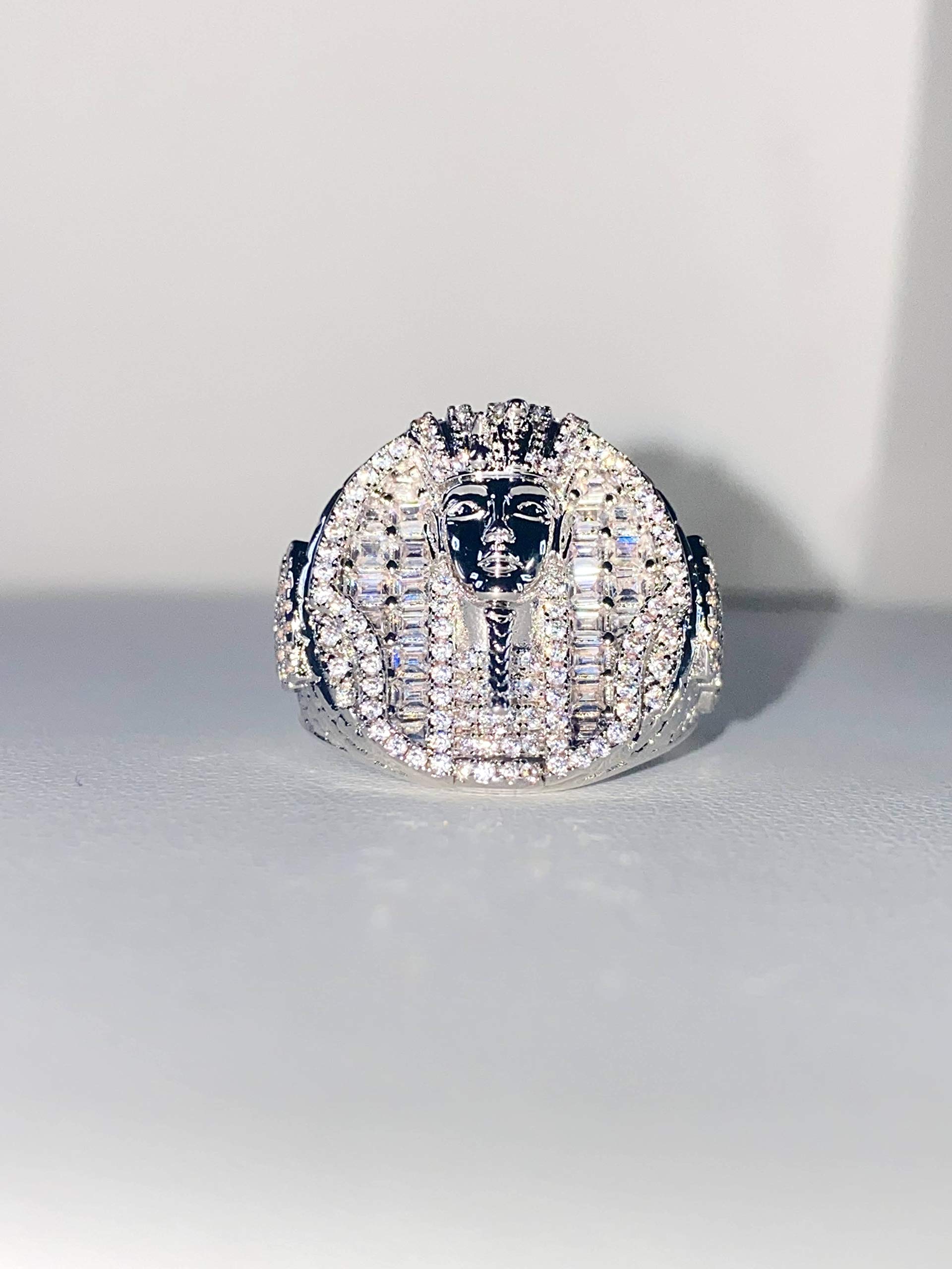 Egyptian Pharaoh Pinky Rhodium Plated CZ Iced Out Ring for Men - Hip Hop Jewelry, Wedding Band, Promise Ring, Engagement Ring (Sizes 6-10) | Perfect Gift for Birthday, Anniversary & Special Occasions