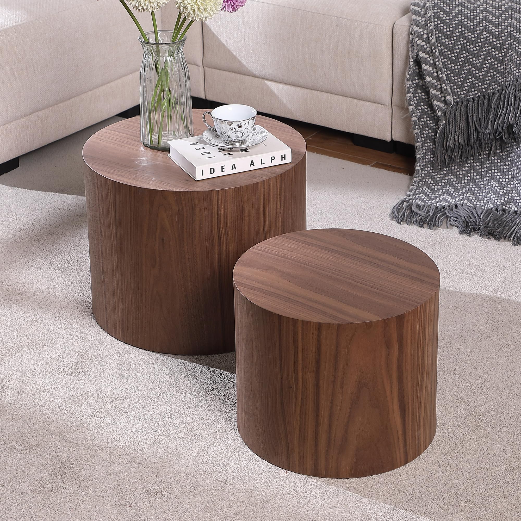 Round Wood Nesting Coffee Table Set of 2 - Walnut Side End Tables for Small Spaces | Living Room, Bedroom, Balcony & Office Decor | Compact Circle Accent Tables for Modern Homes