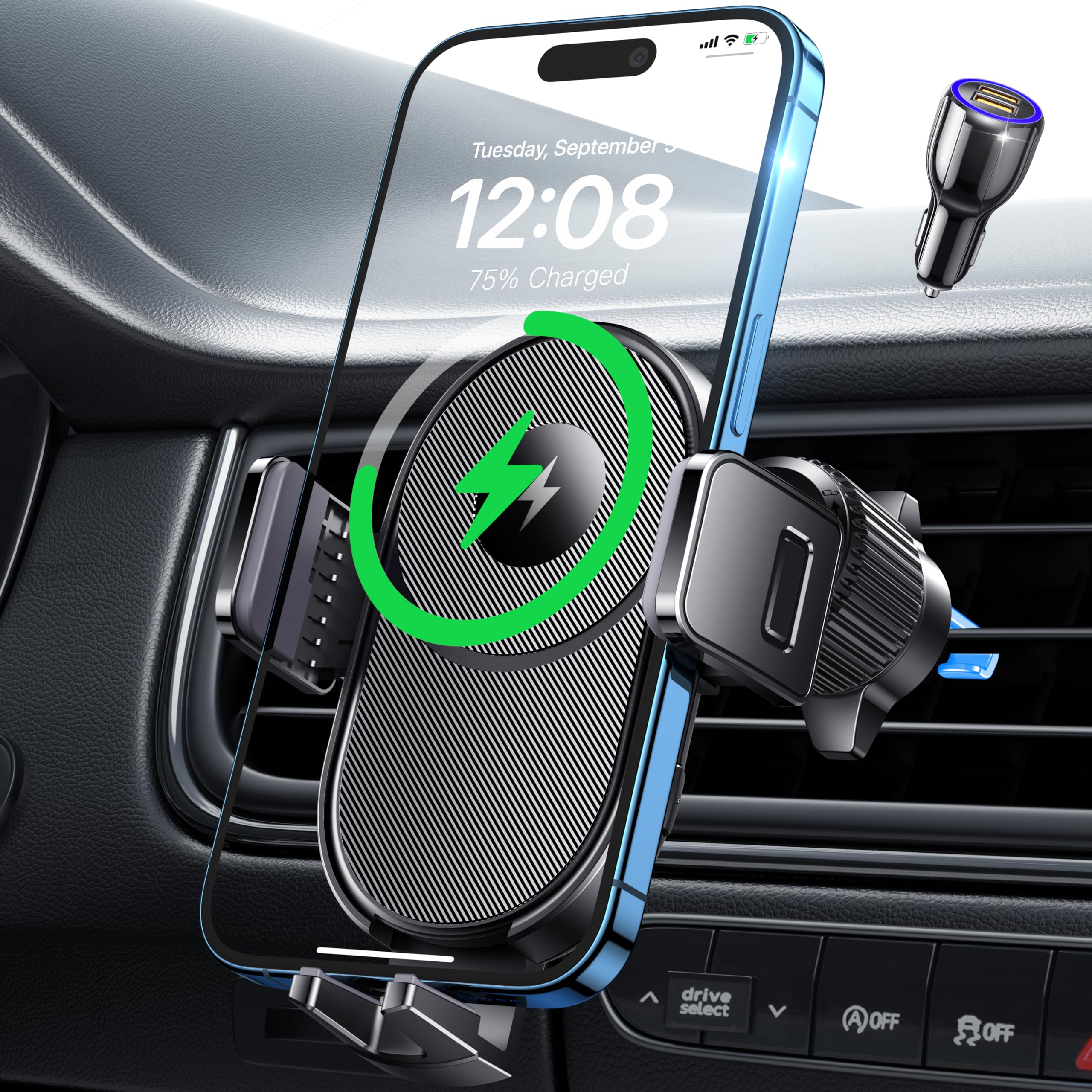 15W Fast Wireless Car Charger & Phone Holder - Auto Clamping Air Vent Mount for iPhone 15/14/13/12/11/X, Samsung Galaxy S23/S22/S21 - Perfect for Commuting & Road Trips