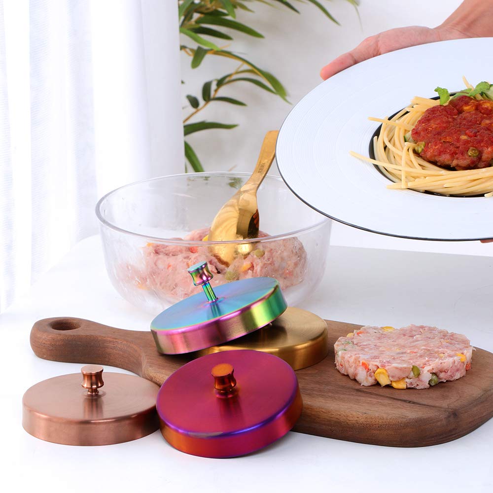 Stainless Steel Hamburger Press Maker - Round Shape Kitchen Tool for Beef & Stuffed Burgers - Perfect for BBQ, Grilling & Home Cooking (Rainbow Color)