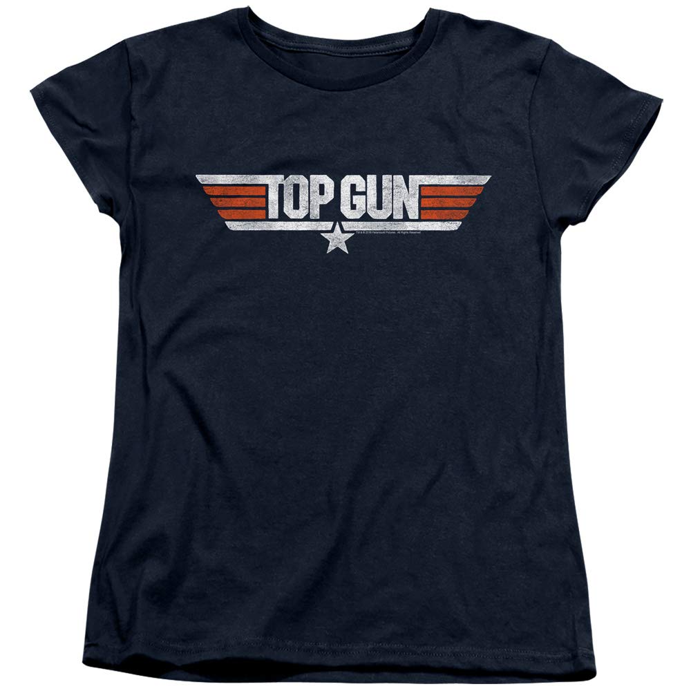 Top Gun Women's Distressed Logo Navy T-Shirt - Vintage Inspired Casual Tee for Everyday Wear, Movie Fans & Street Style
