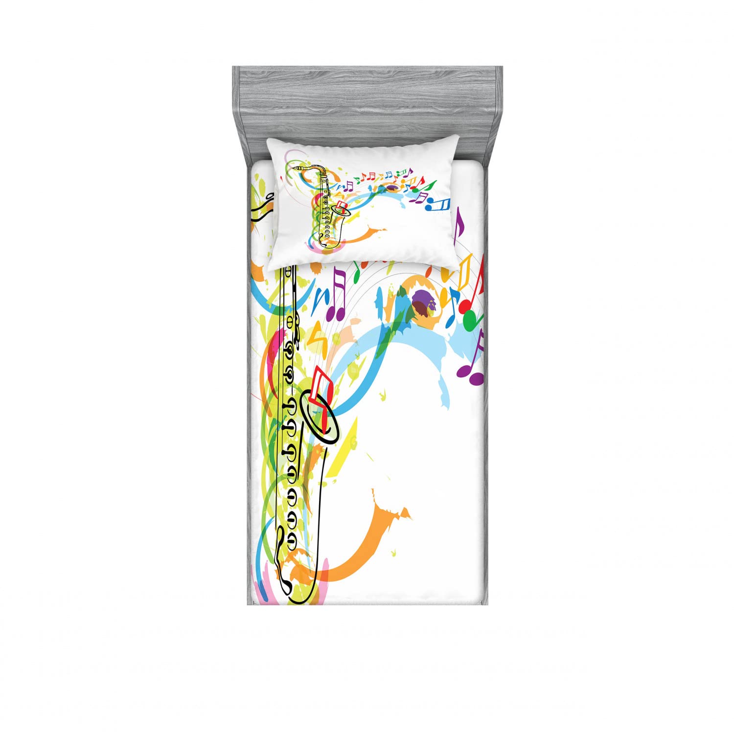 Ambesonne 2-Pack Twin XL Fitted Sheet & Pillow Sham Set - Saxophone Musical Notes Design, 4-Piece Bedding Decor (2 Fitted Sheets + 2 Pillow Covers) - Vibrant Multicolor Pattern for Jazz & Music Lovers' Bedroom
