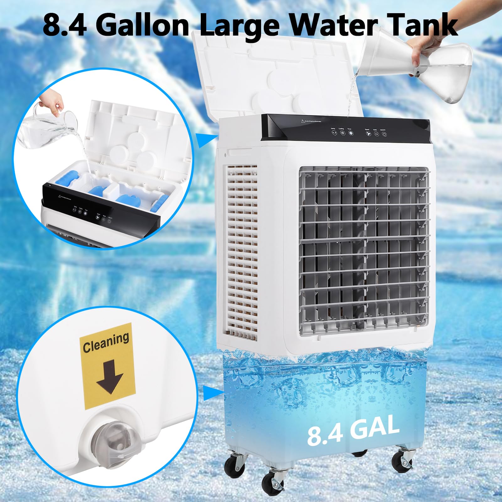 Portable Evaporative Air Cooler - 1800 CFM Swamp Cooler with Remote Control, 4 Ice Packs, 3 Speed Modes for Indoor & Outdoor Use - 8.4 Gallon Water Tank - Perfect for Patio, Garage, Bedroom, and Office Cooling