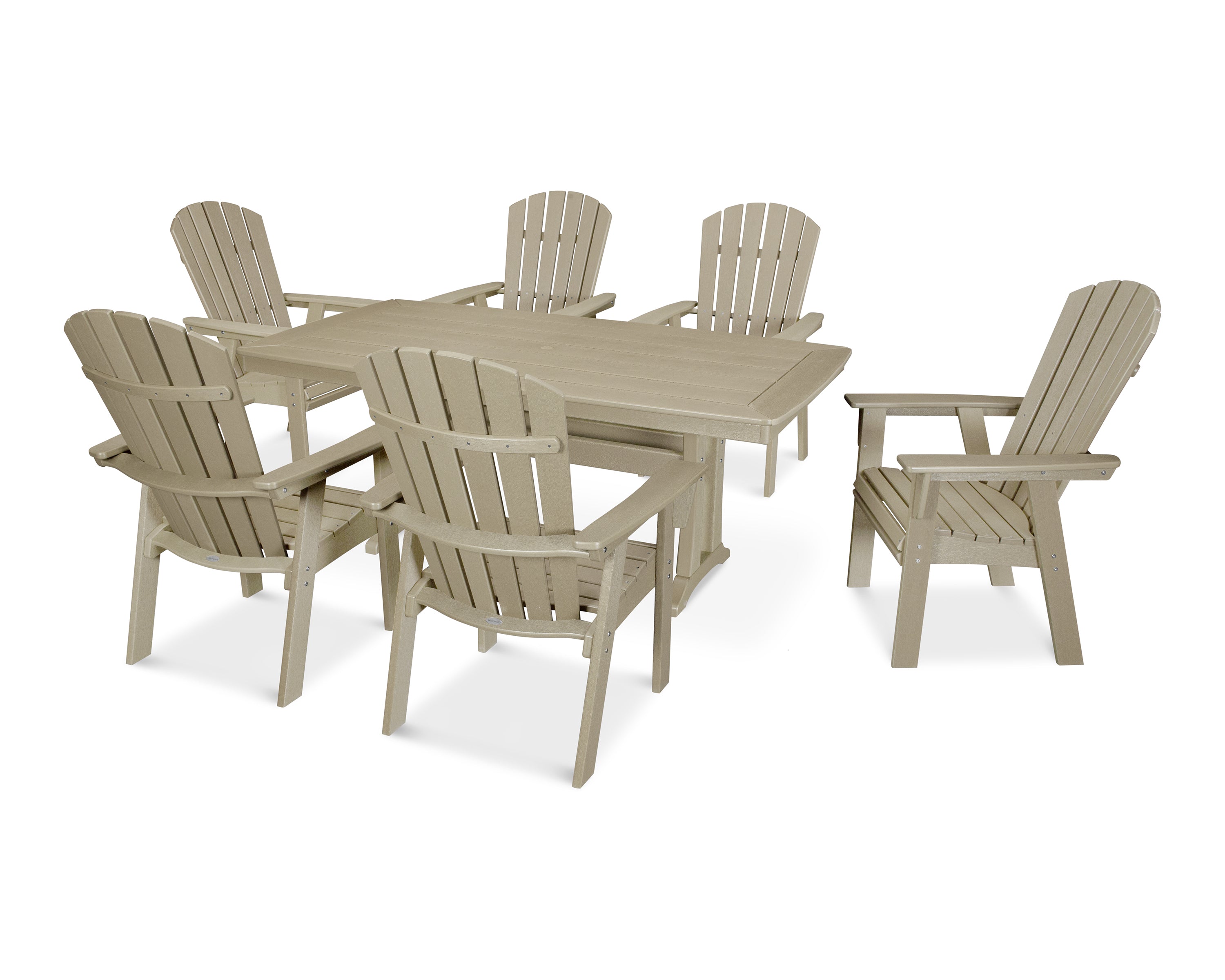 POLYWOOD Nautical Curveback Adirondack 7-Piece Outdoor Dining Set with Trestle Legs - Perfect for Patio, Poolside, and Beachfront Entertaining