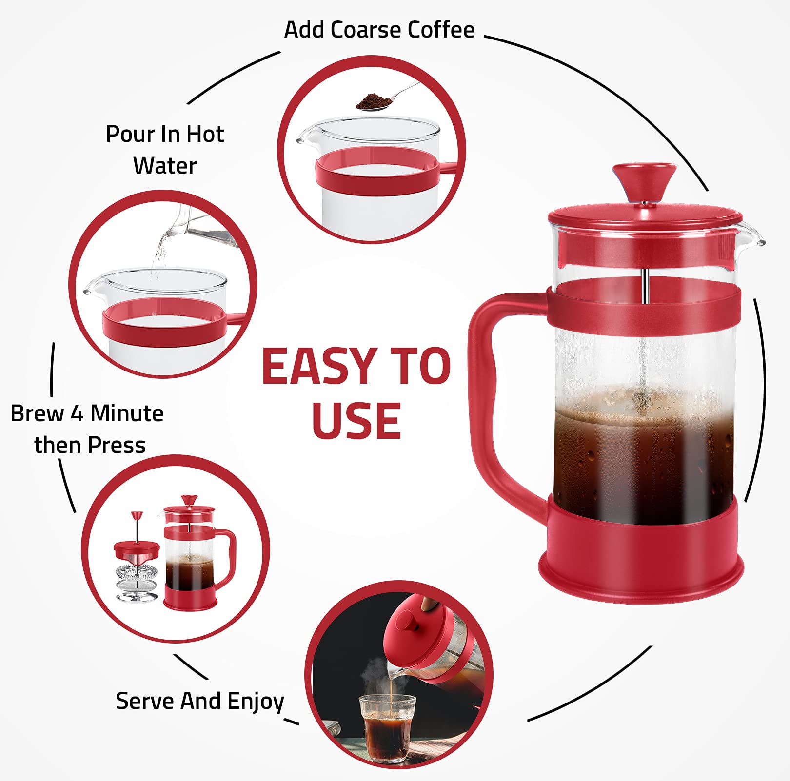 Utopia Kitchen 12oz (0.35L) French Press Coffee Maker & Tea Infuser - Heat Resistant Borosilicate Glass, Portable Travel Coffee Press for Camping, Office, Home Use - Perfect Gift for Coffee Lovers (Red, 1-Pack)