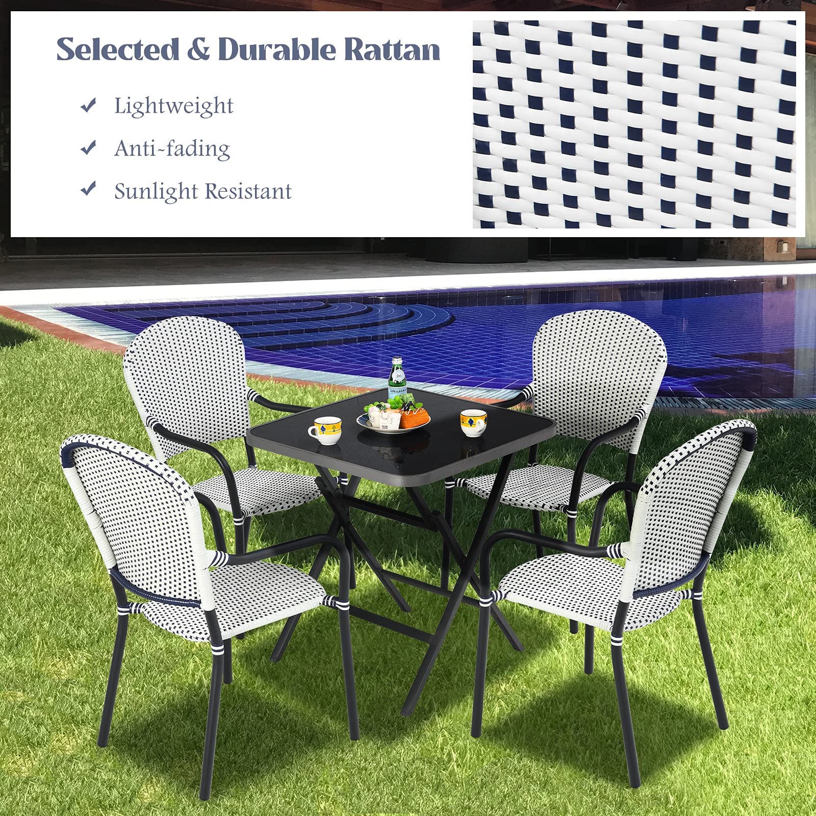 Tangkula 5-Piece Rattan Patio Dining Set - No Assembly Square Folding Table & 4 Stackable Chairs with Tempered Glass Top for Backyard, Garden, Poolside | Perfect for Outdoor Entertaining, Small Space Dining & Bistro Style Decor