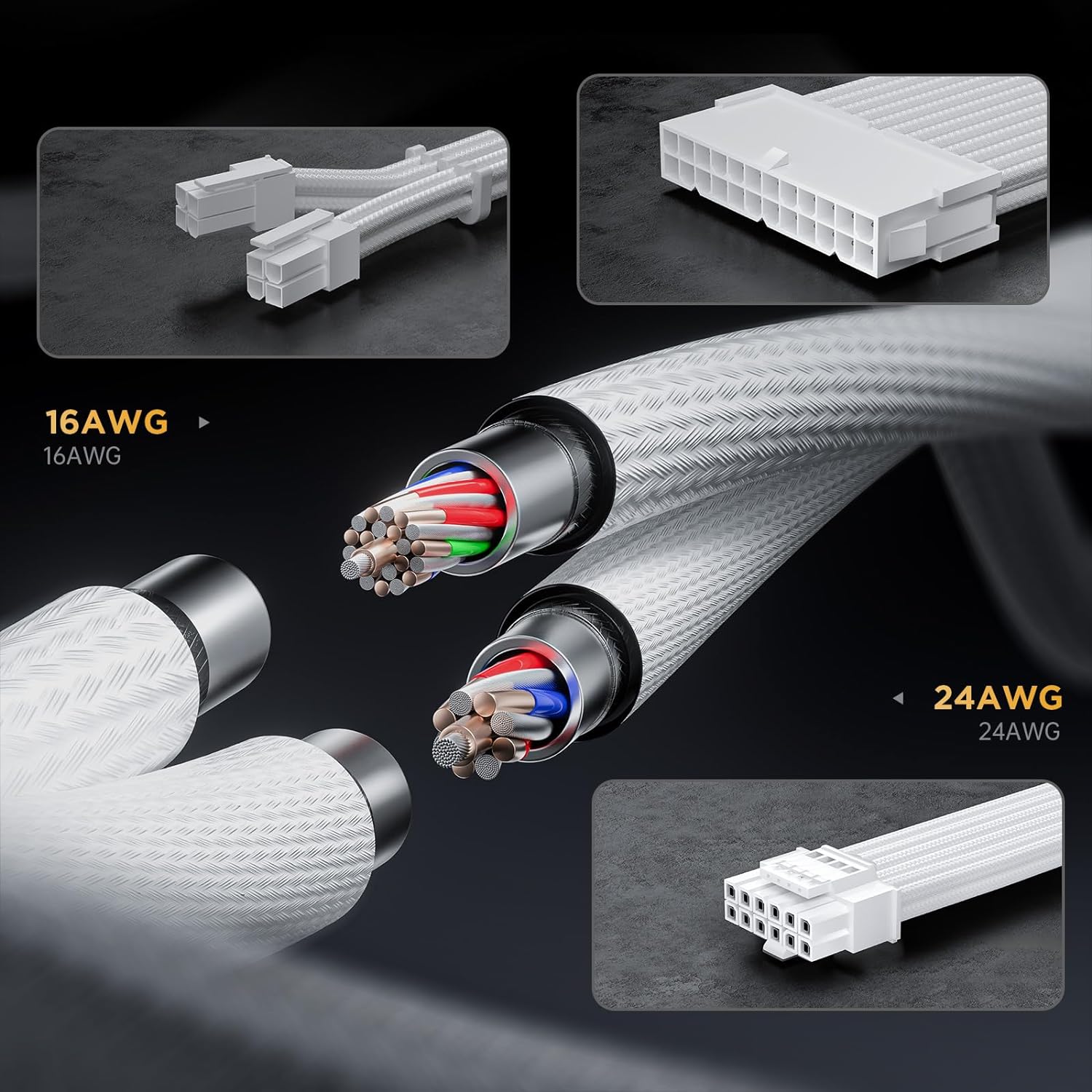 Premium Asiahorse White 12VHPWR PCIe 5.0 Sleeved PSU Extension Cable Kit - 16AWG Cotton Braided Custom Mod Kit (4+4 Pin, 3x8 Pin) for Gaming PC Build & Custom Rig Power Supply Upgrade