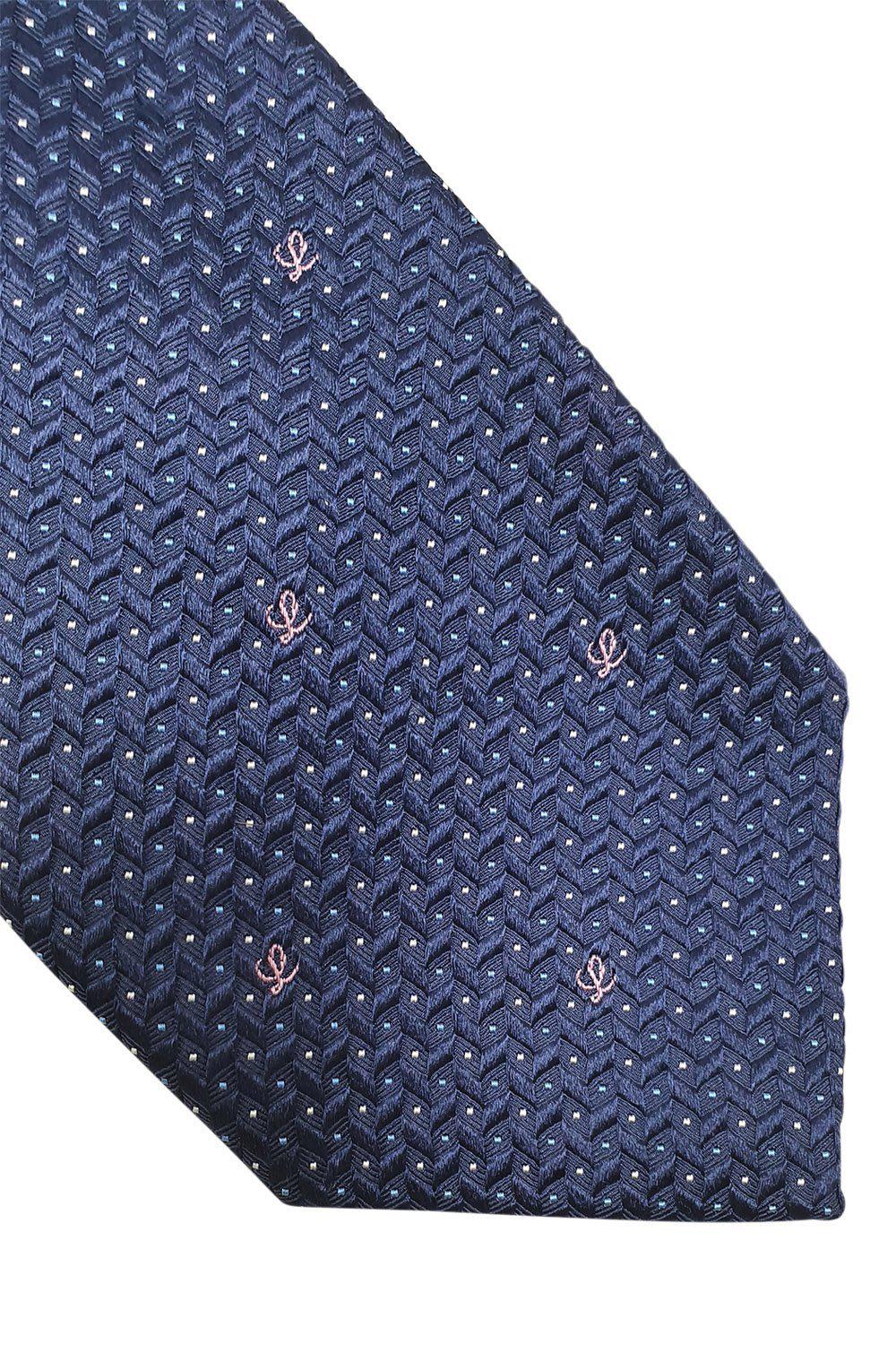 LOEWE 100% Silk Navy Blue Tie with Pink Abstract Pattern - 60