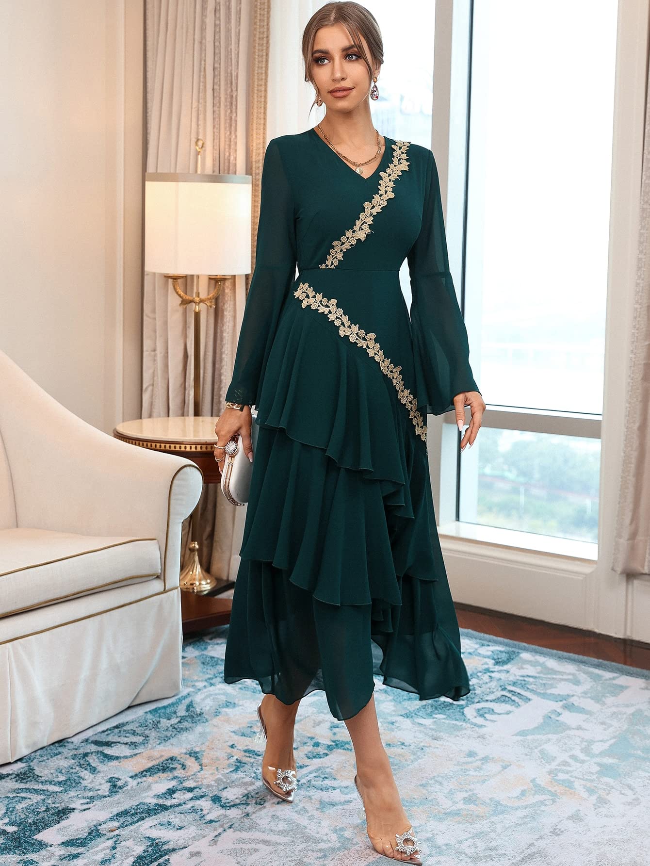 Elegant Women's Guipure Lace Applique Trumpet Sleeve Dress with Layered Hem - Size Small | Perfect for Weddings, Parties & Special Occasions