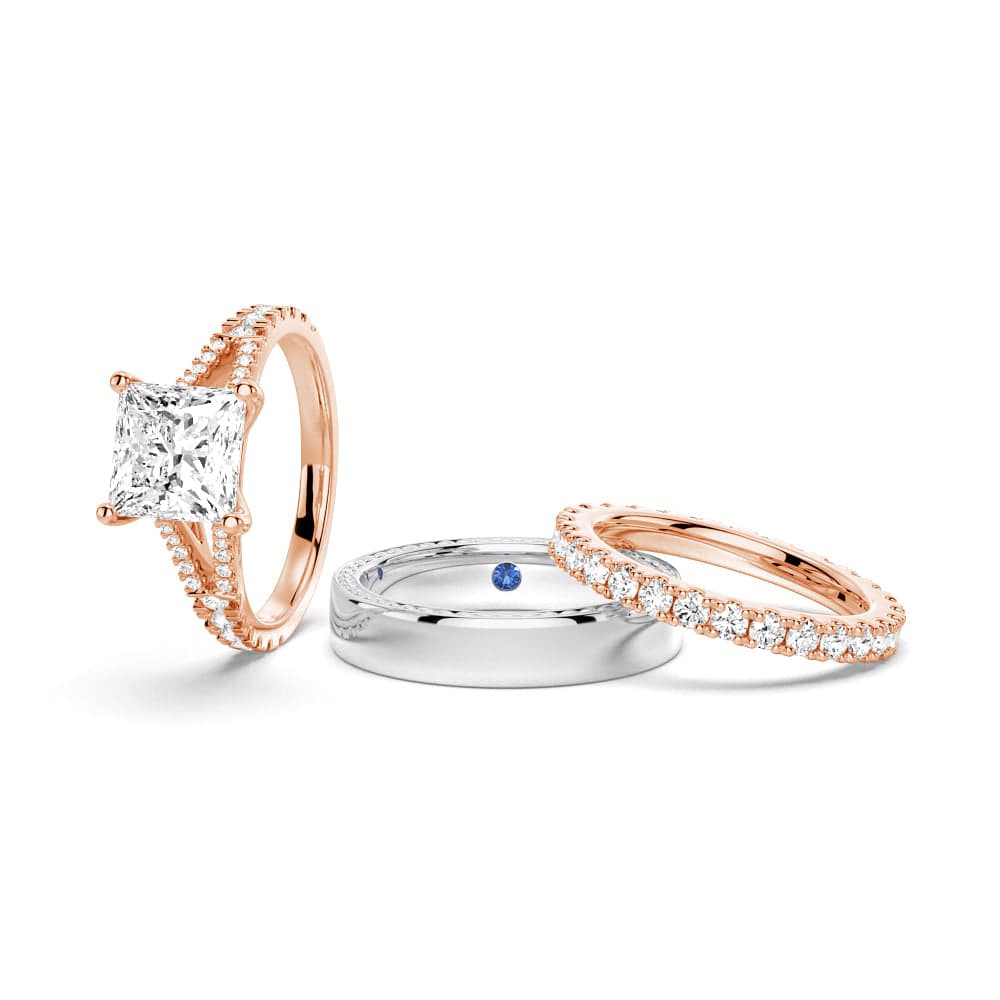 Princess Cut Split Shank Moissanite Engagement & Wedding Ring Set for Couples - Men's Matching Band - Perfect for Proposals, Anniversaries & Romantic Occasions