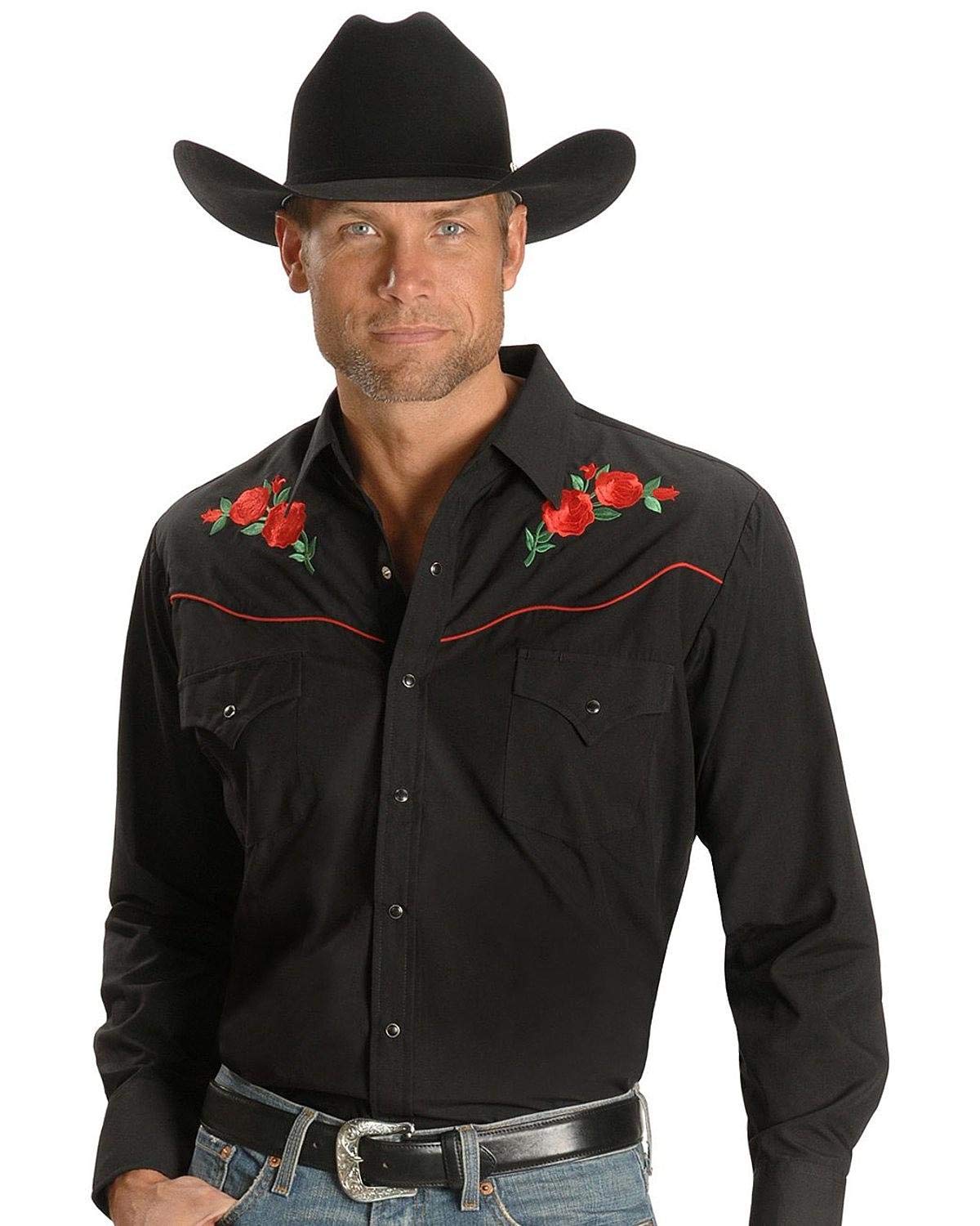 ELY CATTLEMAN Men's Western Long Sleeve Shirt with Rose Embroidery - Stylish Cowboy Button Up for Rodeo, Country Music Festivals & Casual Wear
