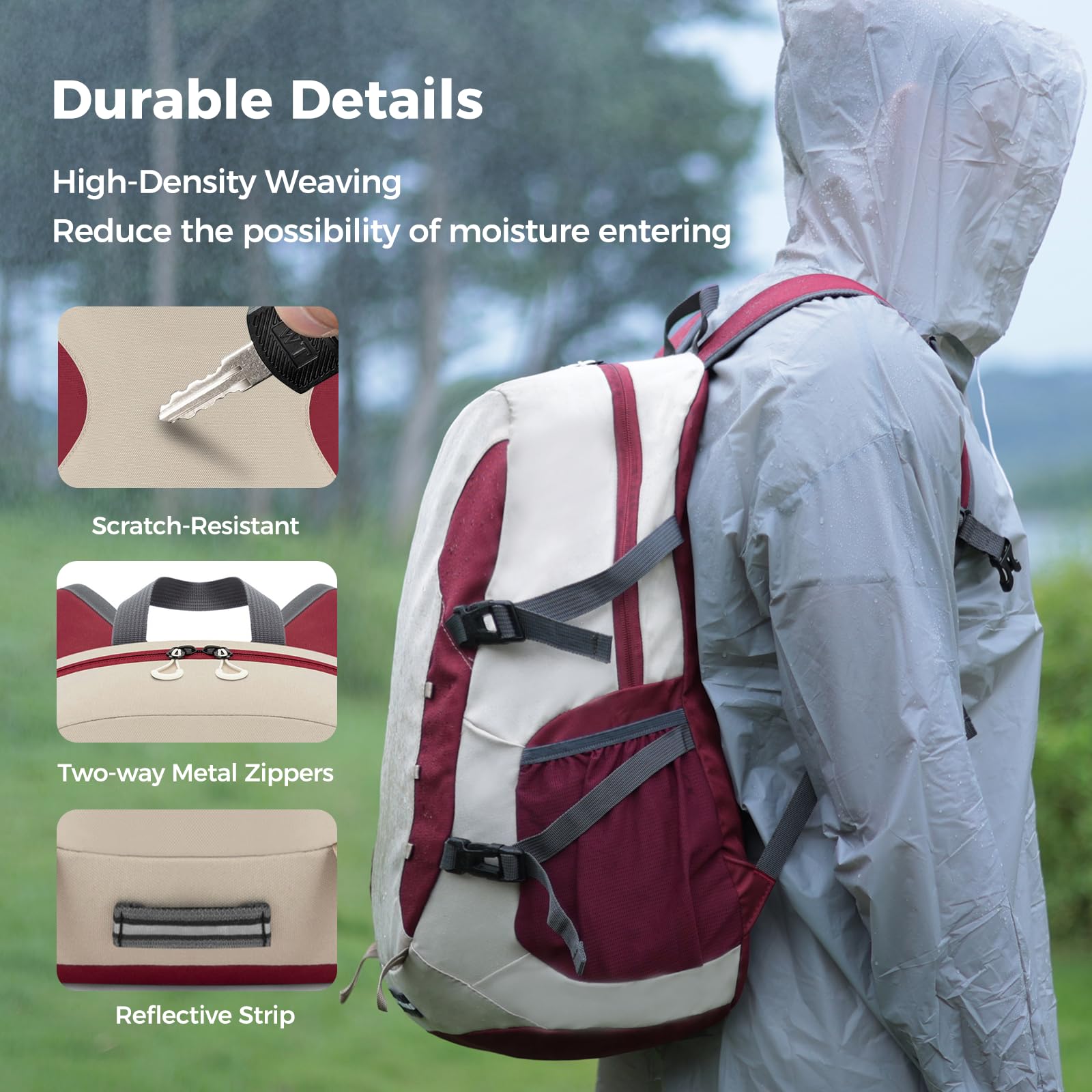 40L Water Resistant Hiking Backpack - Ultra Lightweight Foldable Travel Backpack for Men & Women - Perfect for Camping, Day Trips and Outdoor Adventures (Beige/Red)