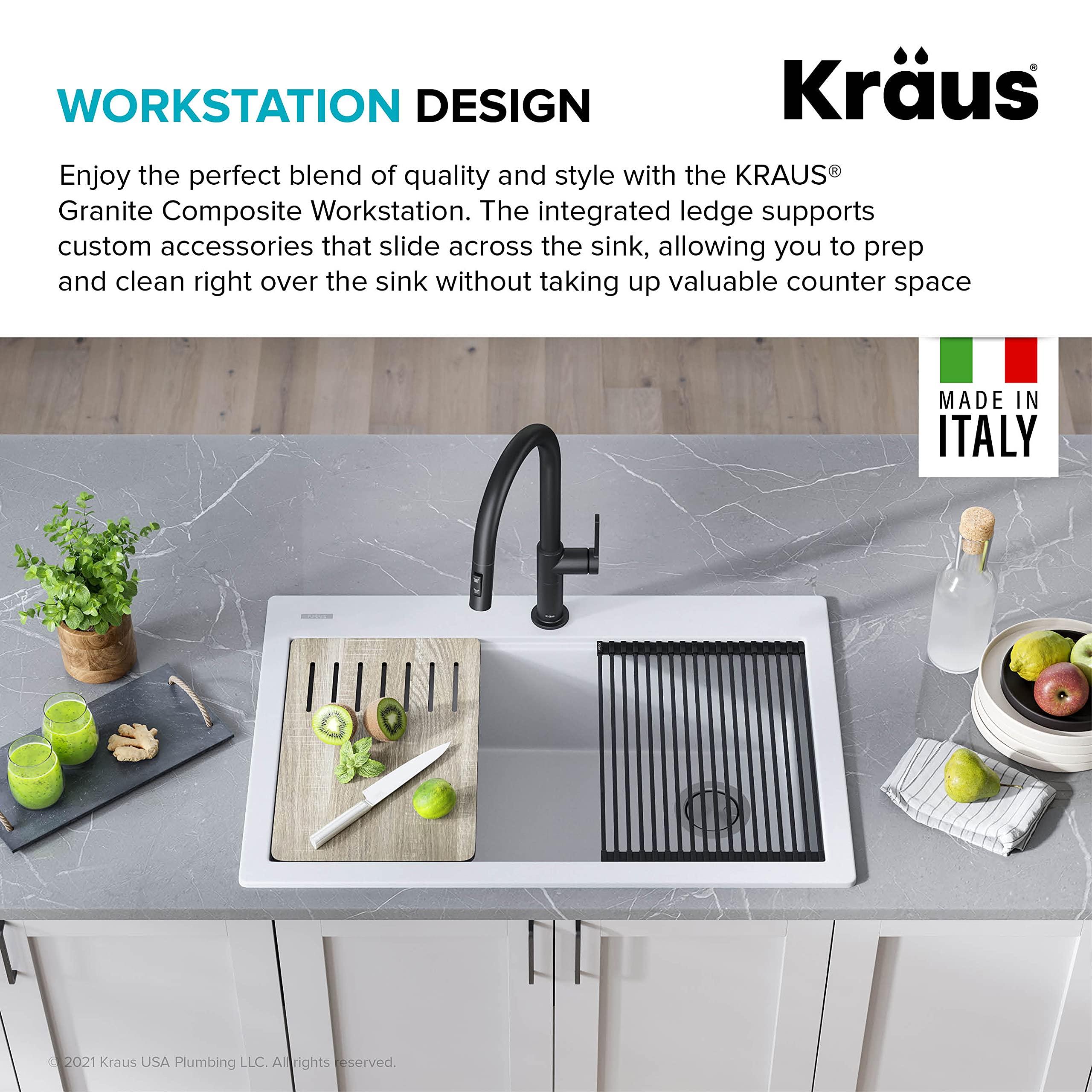 KRAUS Bellucci 33-Inch Drop-In Granite Composite Single Bowl Kitchen Sink in White with Accessories & WasteGuard™ Garbage Disposal – Perfect for Modern Kitchens, Dishwashing & Food Prep