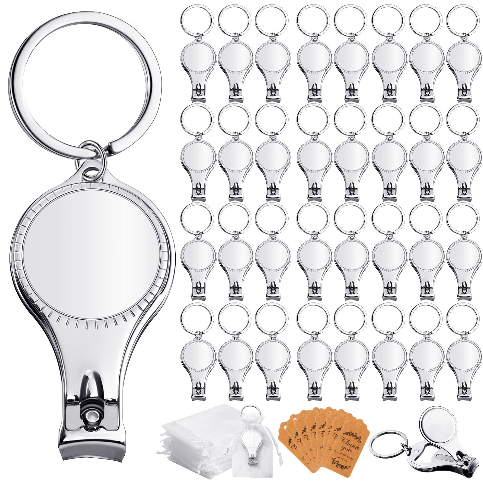 50-Piece Nail Clipper Keychain Set with Escort Tags, White Organza Drawstring Bags & Bottle Opener - Perfect for Wedding Favors, Party Decorations, Guest Souvenirs and Bridal Shower Gifts