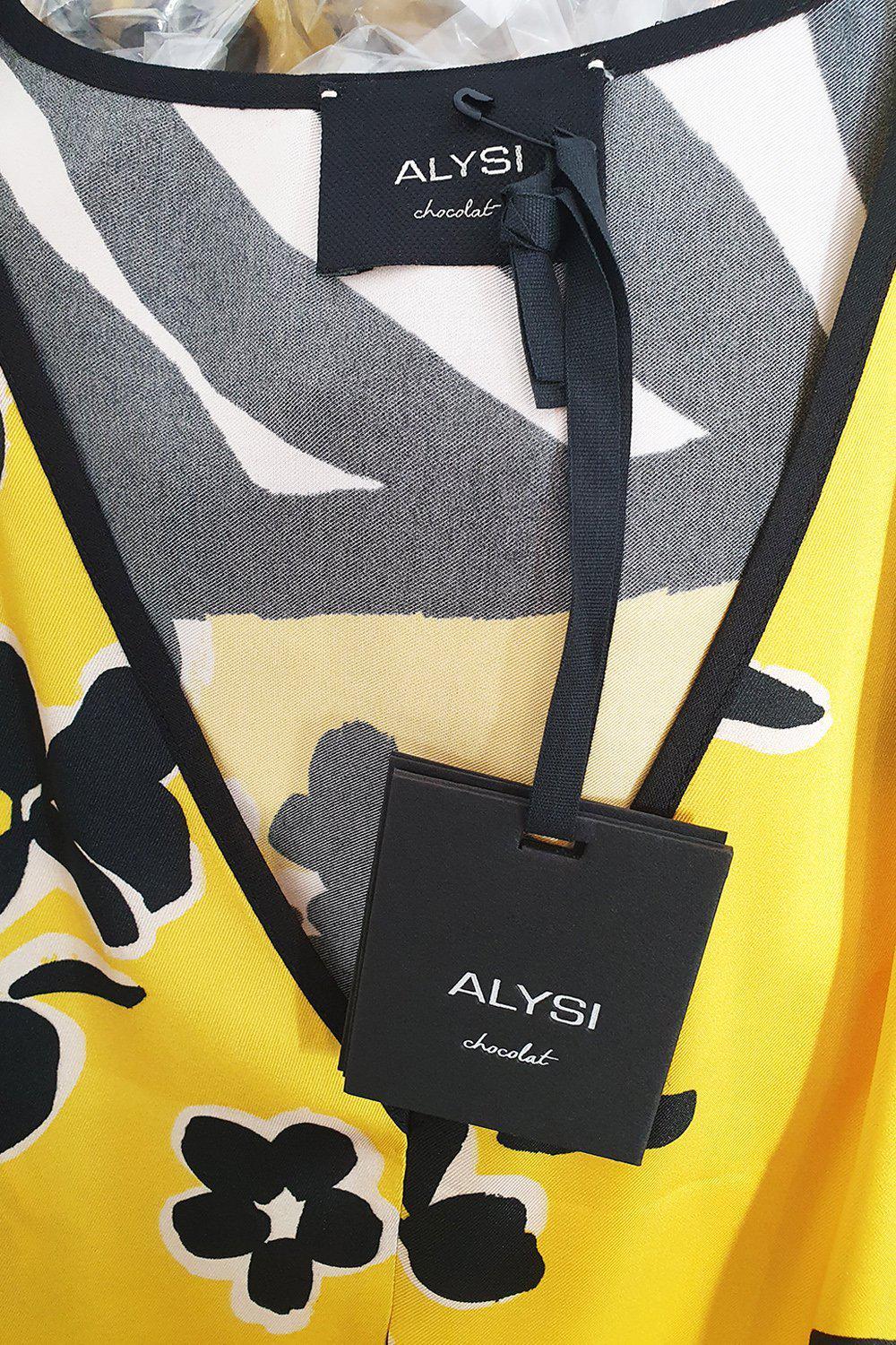 ALYSI CHOCOLAT Women's Yellow Short Sleeve Floral Print Midi Dress - Size IT 44 (US 12) | Summer Casual Dress for Beach, Party & Vacation Outfits
