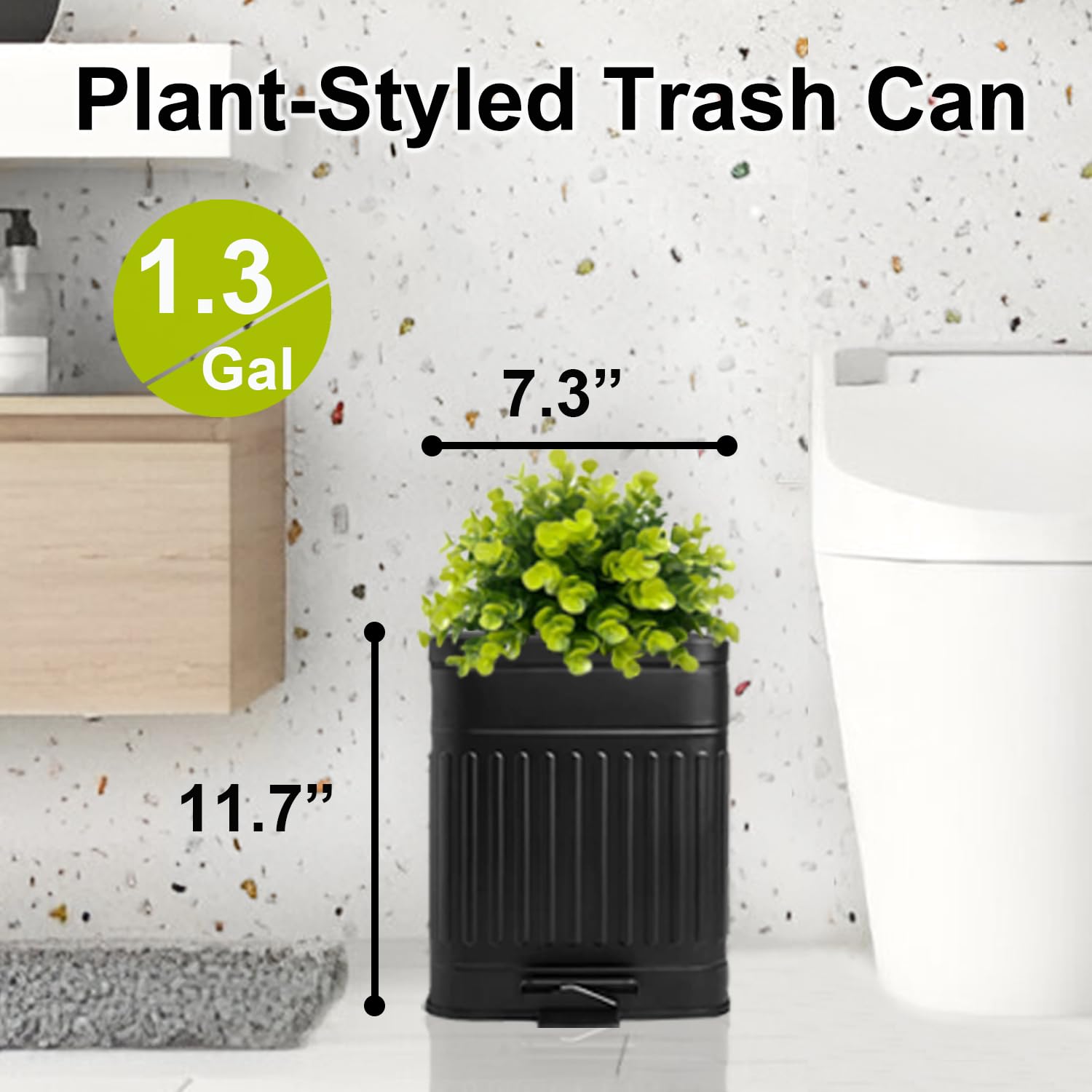 Small Bathroom Trash Can with Lid - Plant-Styled Outdoor Dog Waste Bin - Farmhouse Retro Metal Garbage Can for Office & Home - Dog Poop Container with Pedal & Soft Close - 5L/1.3 Gal Capacity - Black - Perfect for Bathrooms, Patios, Gardens & Pet Areas