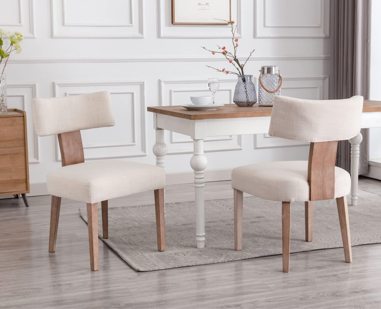 EALSON Mid Century Modern Dining Chairs Set of 2 - Linen Upholstered Kitchen Chairs with Wood Legs & Curved Back - Farmhouse Style Accent Chairs for Dining Room, Living Room, Kitchen - Beige - Perfect for Home Decor, Family Gatherings & Dinner Parties
