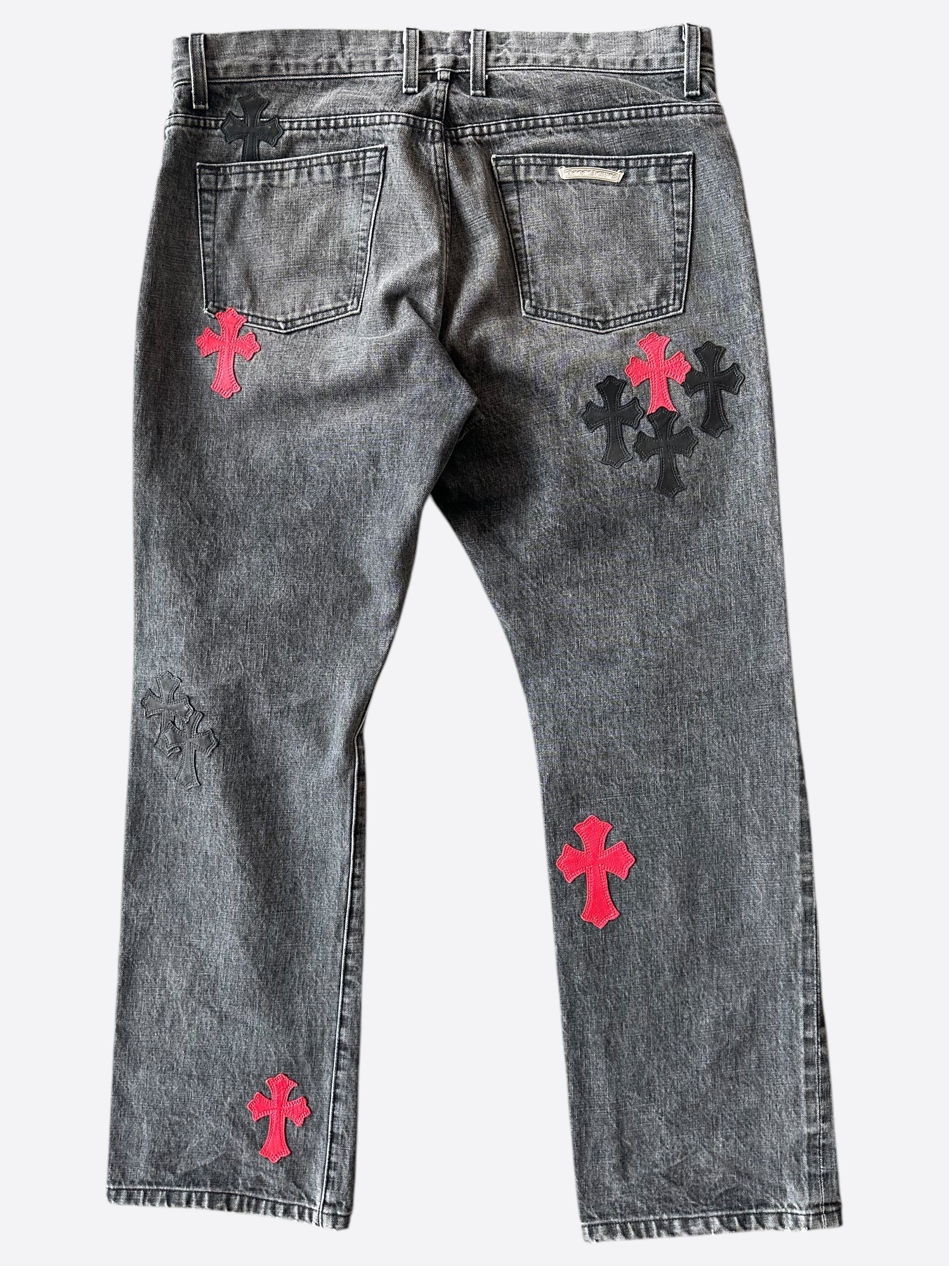 Chrome Hearts Grey Black & Red Cross Patch Jeans - Stylish Distressed Denim for Men & Women | Perfect for Casual Wear, Street Fashion & Rocker Style