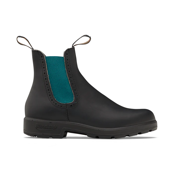 Blundstone 2320 Original Women's High Top Boots - Black with Green Elastic Side - Comfortable & Durable Chelsea Boots for Walking, Hiking & Everyday Wear