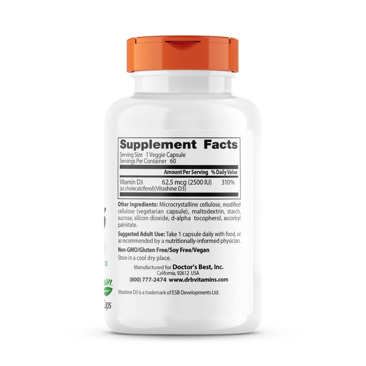 Doctor's Best Vegan Vitamin D3 2500 IU with Vitashine - 60 Plant-Based Capsules for Immune Support & Bone Health | Ideal for Vegans & Vegetarians