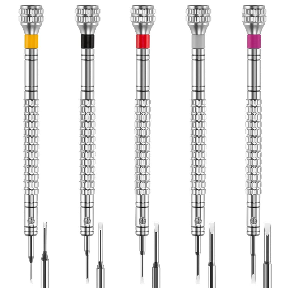 Professional 5-Piece Mini Fat Screwdriver Set - Precision Repair Tool Kit for Watches, Jewelry, Toys & Eyeglasses with 5 Sizes + 5 Extra Replaceable Blades | Ideal for Watchmakers, Jewelers & DIY Electronics Repair