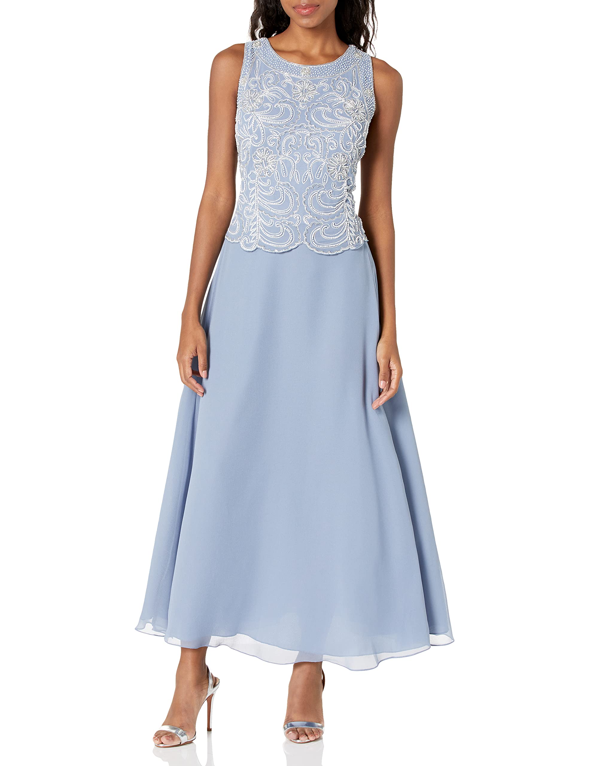 J Kara Women's Petite Sleeveless Scallop Long Beaded Dress with Scarf - Elegant Evening Gown for Wedding, Party & Special Occasions