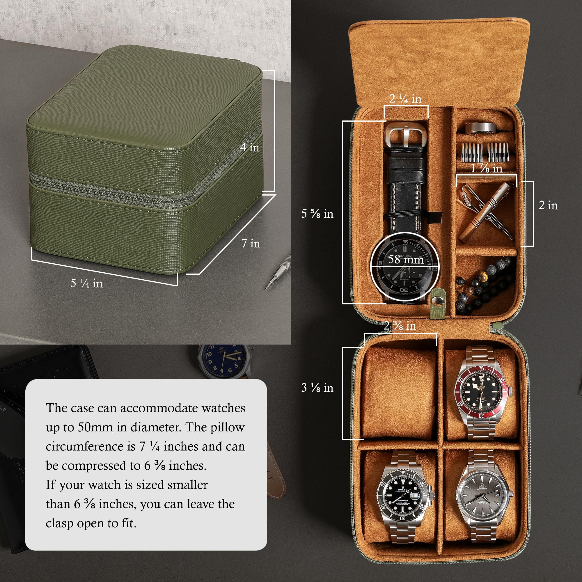 ROTHWELL 5 Watch Travel Case Organizer - Durable Zippered Storage for Men & Women - Fits Wristwatches & Smartwatches Up to 50mm (Green/Tan) - Perfect for Business Trips, Vacations & Daily Watch Protection